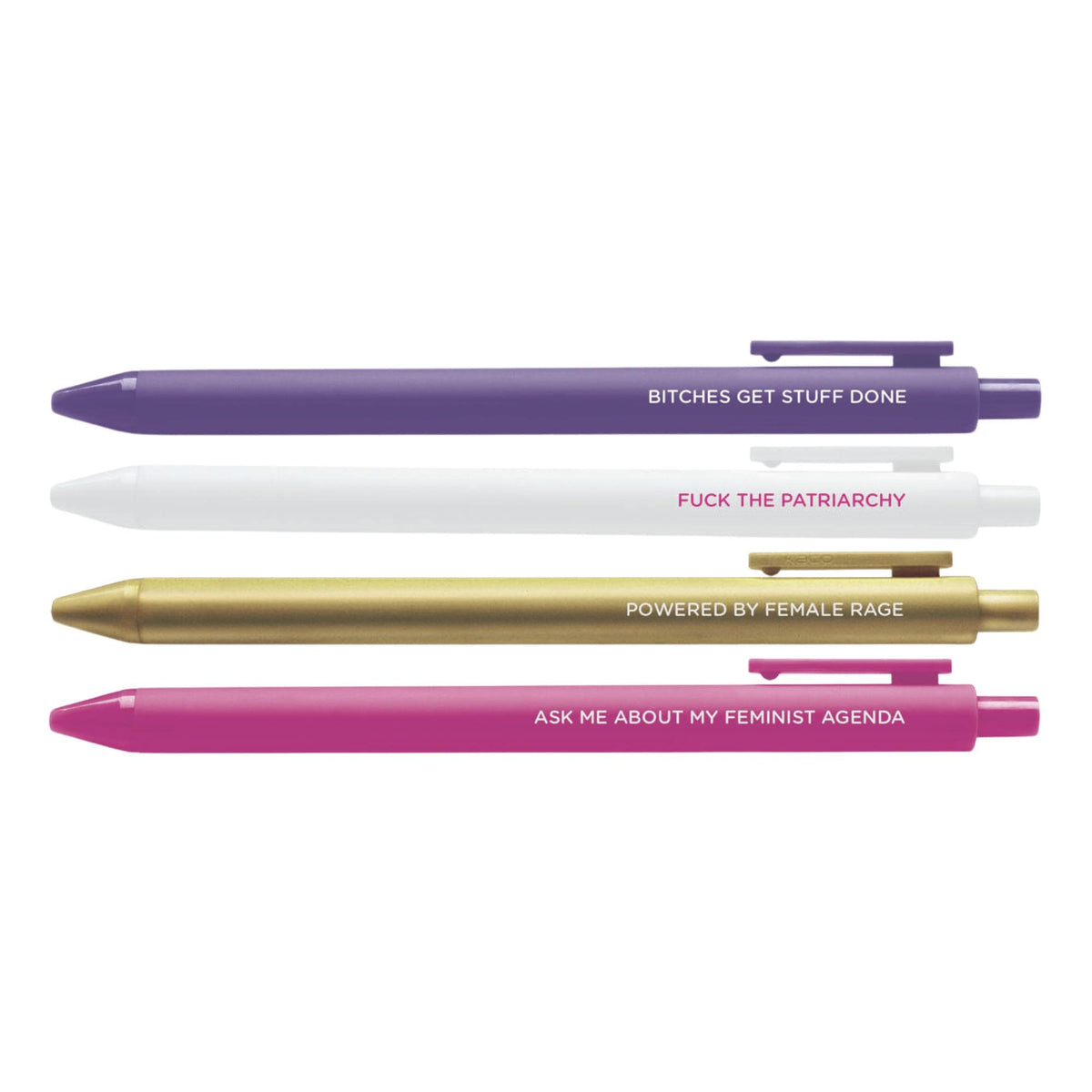 Feminist Agenda Pen Set detail — gold and white barrels with embossed lettering by indie artist MangoIllustrated
