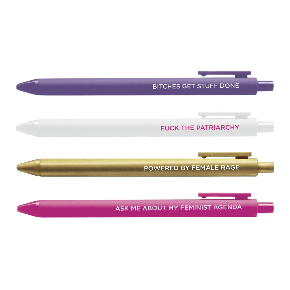 Feminist Agenda Pen Set — 4 jotter gel pens in purple, white, gold and pink with feminist phrases, 0.5mm fine point, by MangoIllustrated
