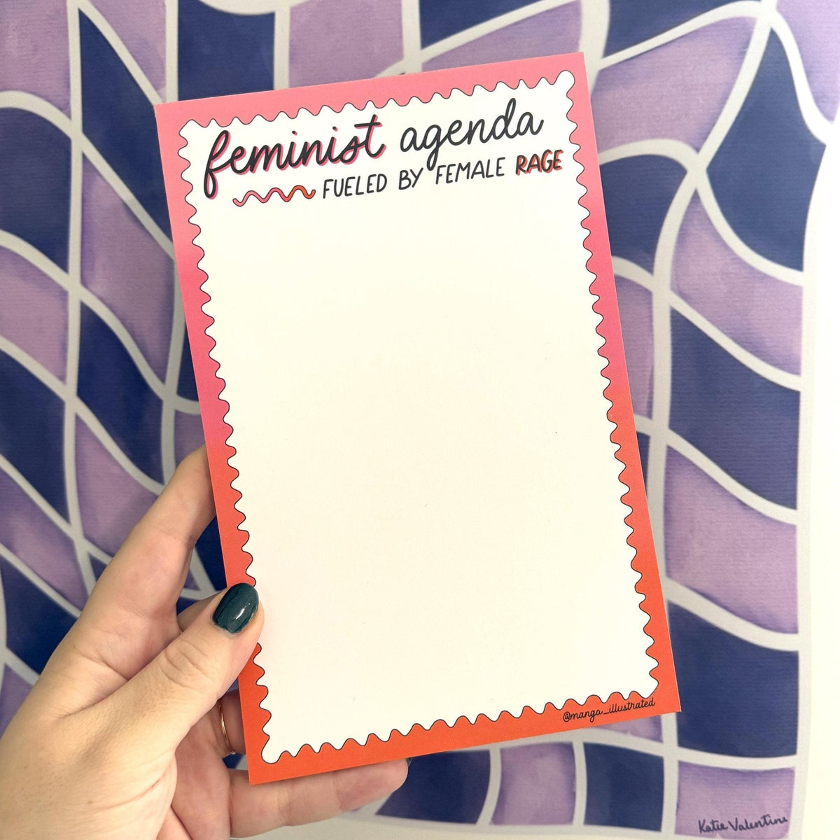 Feminist agenda notepad detail — squiggly pink to orange gradient border close up by indie artist MangoIllustrated