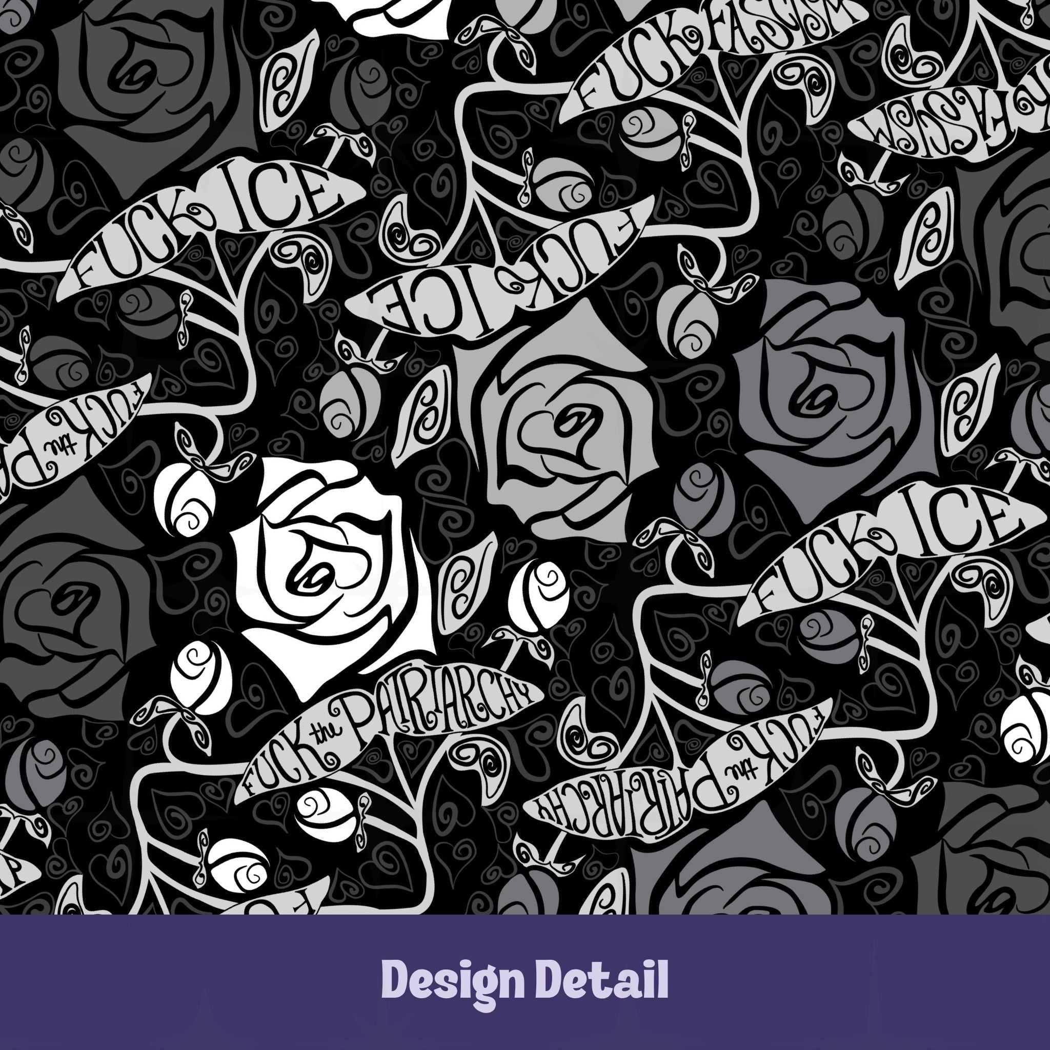 Close-up design detail of feminist hidden profanity serving platter showing hand drawn roses in black white and gray with hand lettered banners reading protest phrases in tattoo style script