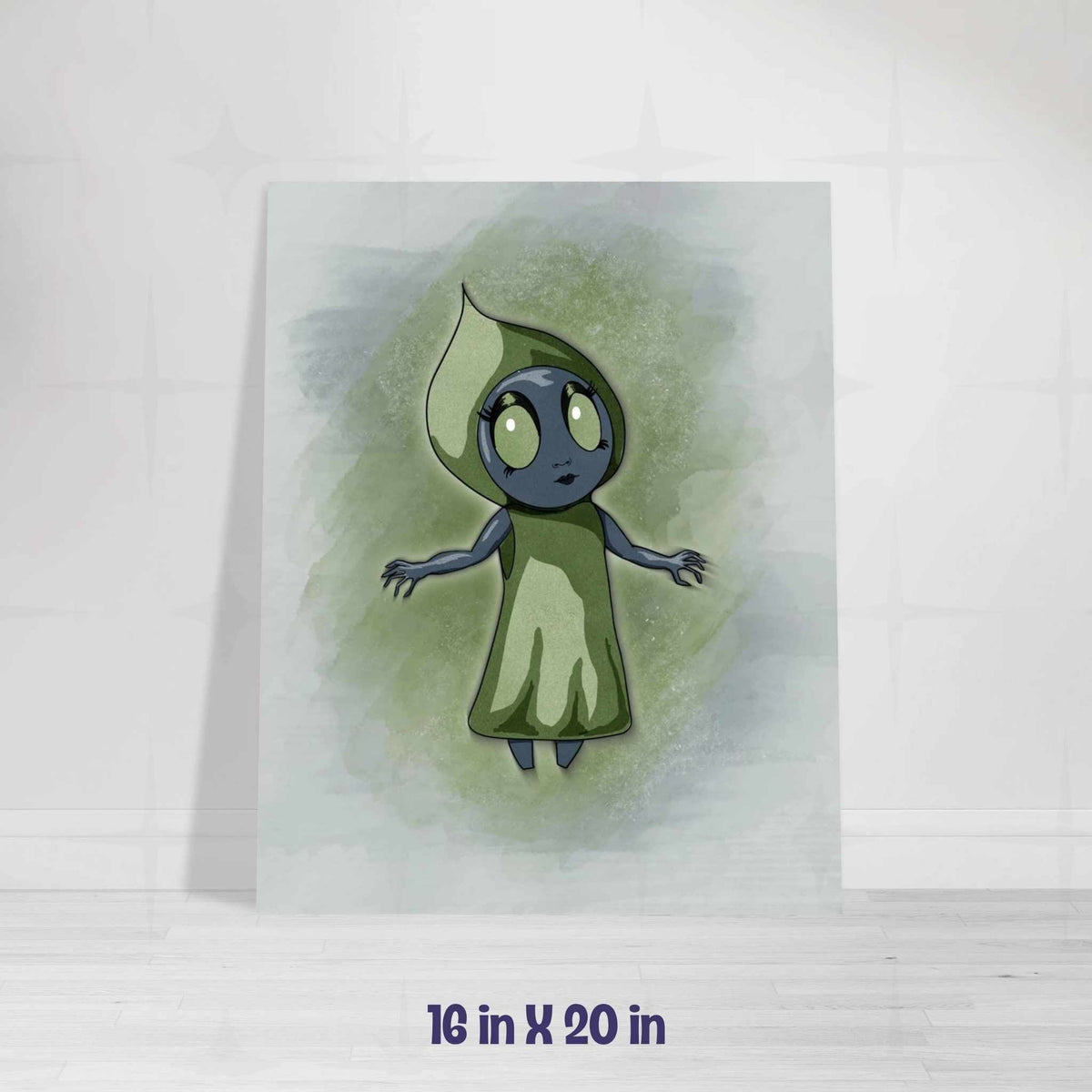 Flatwoods Monster art print in the 16x20 inch size, leaning against a navy blue wall on a light wood floor.
