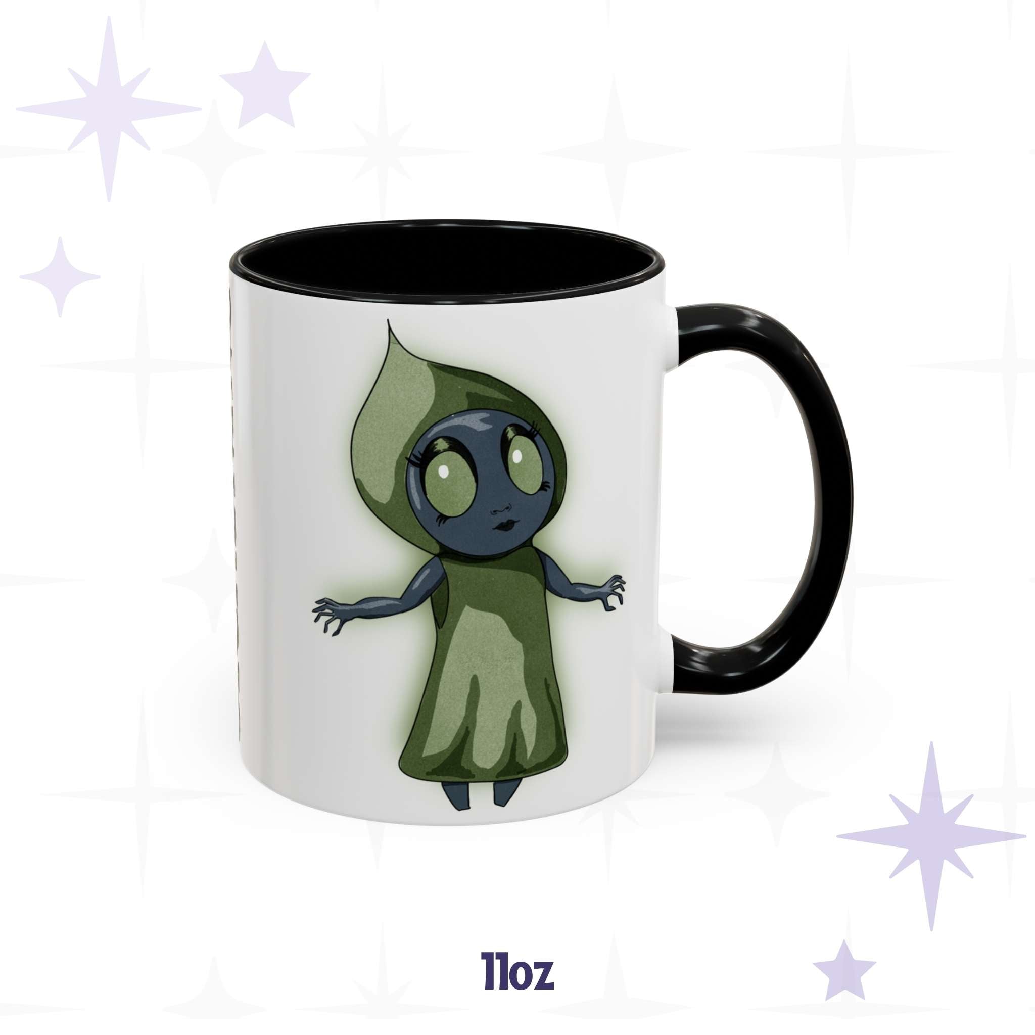Chibi Flatwoods Monster coffee mug in 11 oz, black-handled accent mug with hooded cryptid art