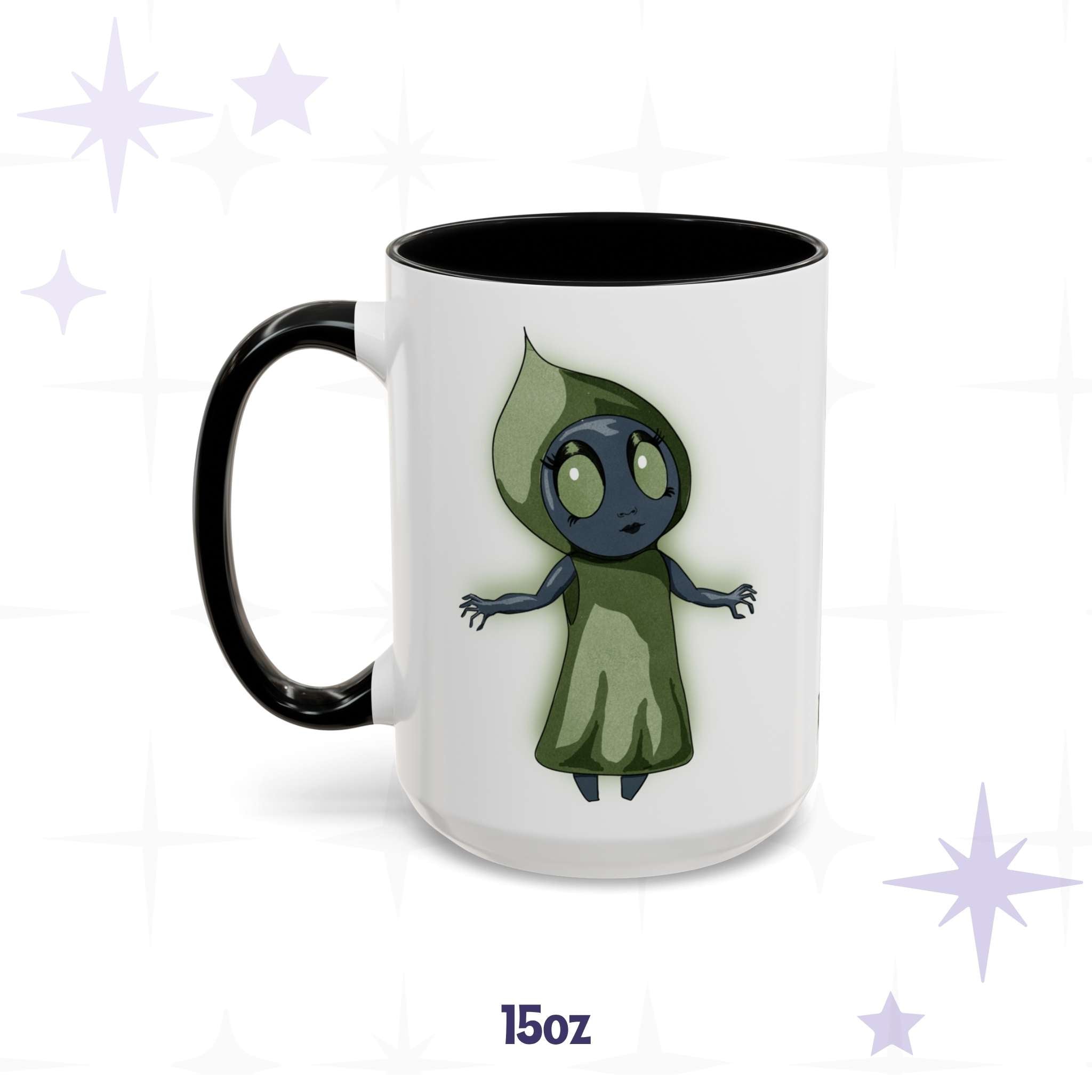 Cute Flatwoods Monster cryptid mug in 15 oz, white with black accent handle and rim