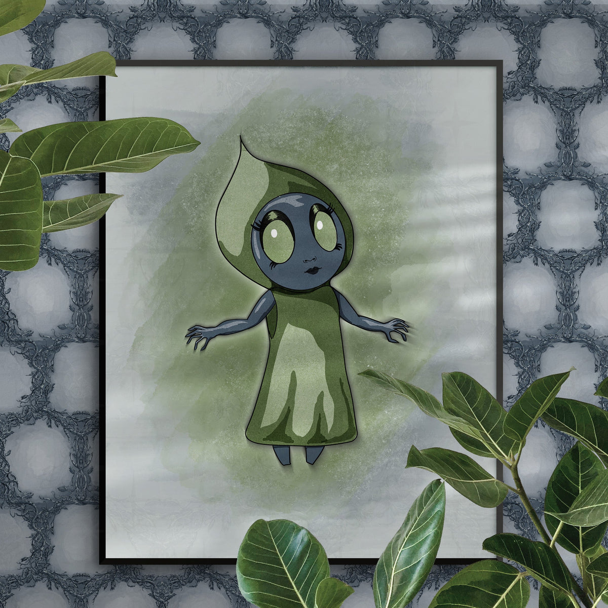 Cute cryptid wall art in a black frame against dark patterned wallpaper, green hooded Flatwoods Monster with arms outstretched, houseplant leaves in the foreground.