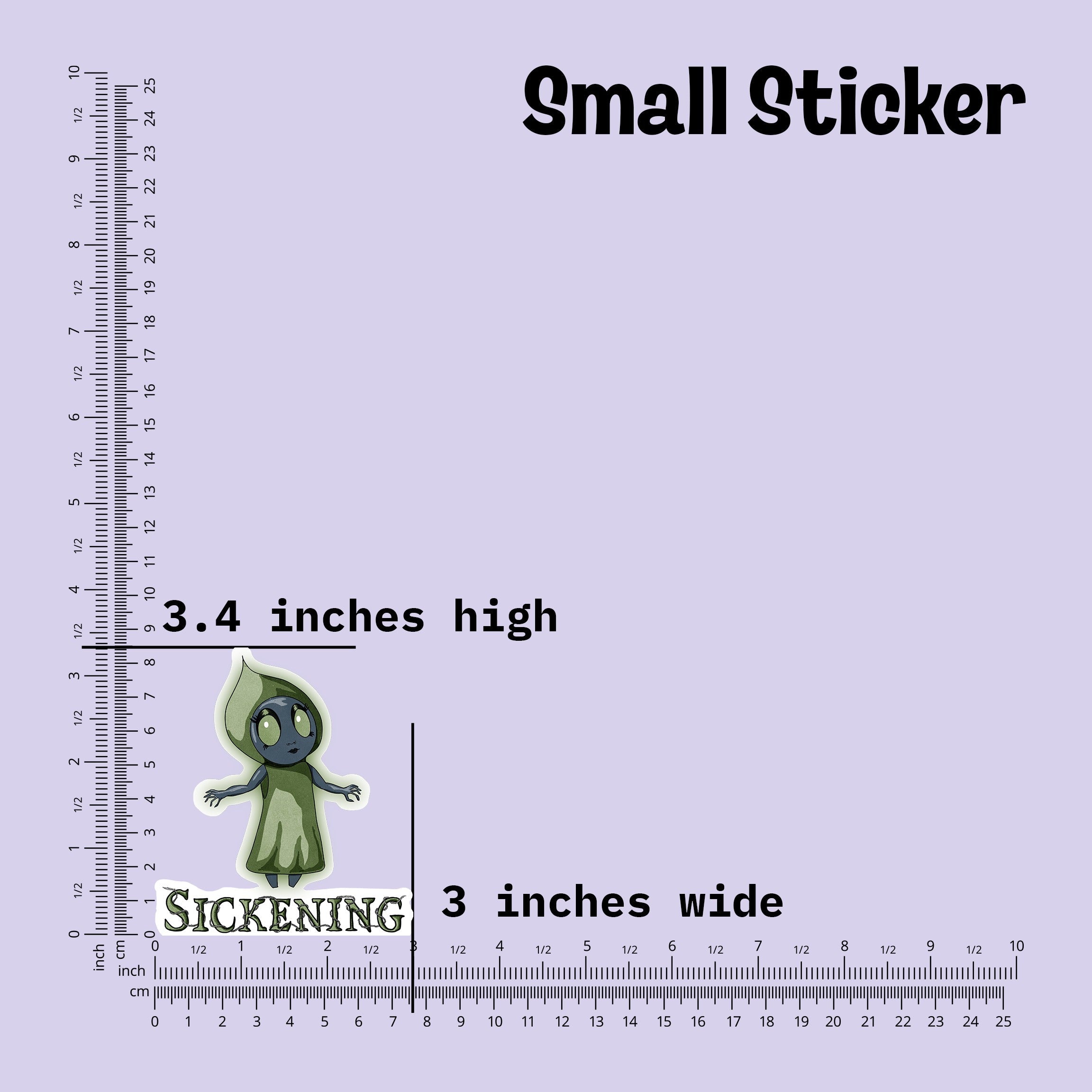 Small Flatwoods Monster sticker measured at 3.4 inches high and 3 inches wide