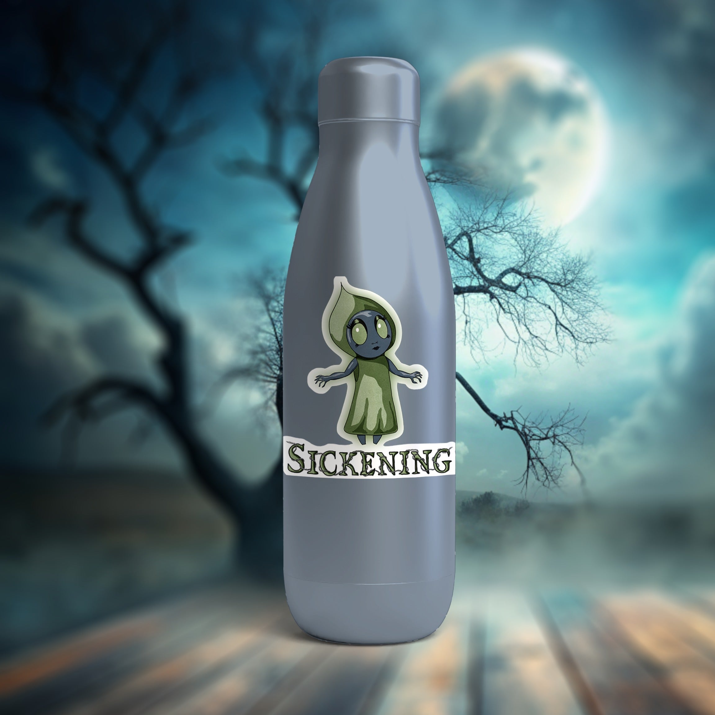 Flatwoods Monster cryptid sticker on a water bottle on a rustic table in haunted woods