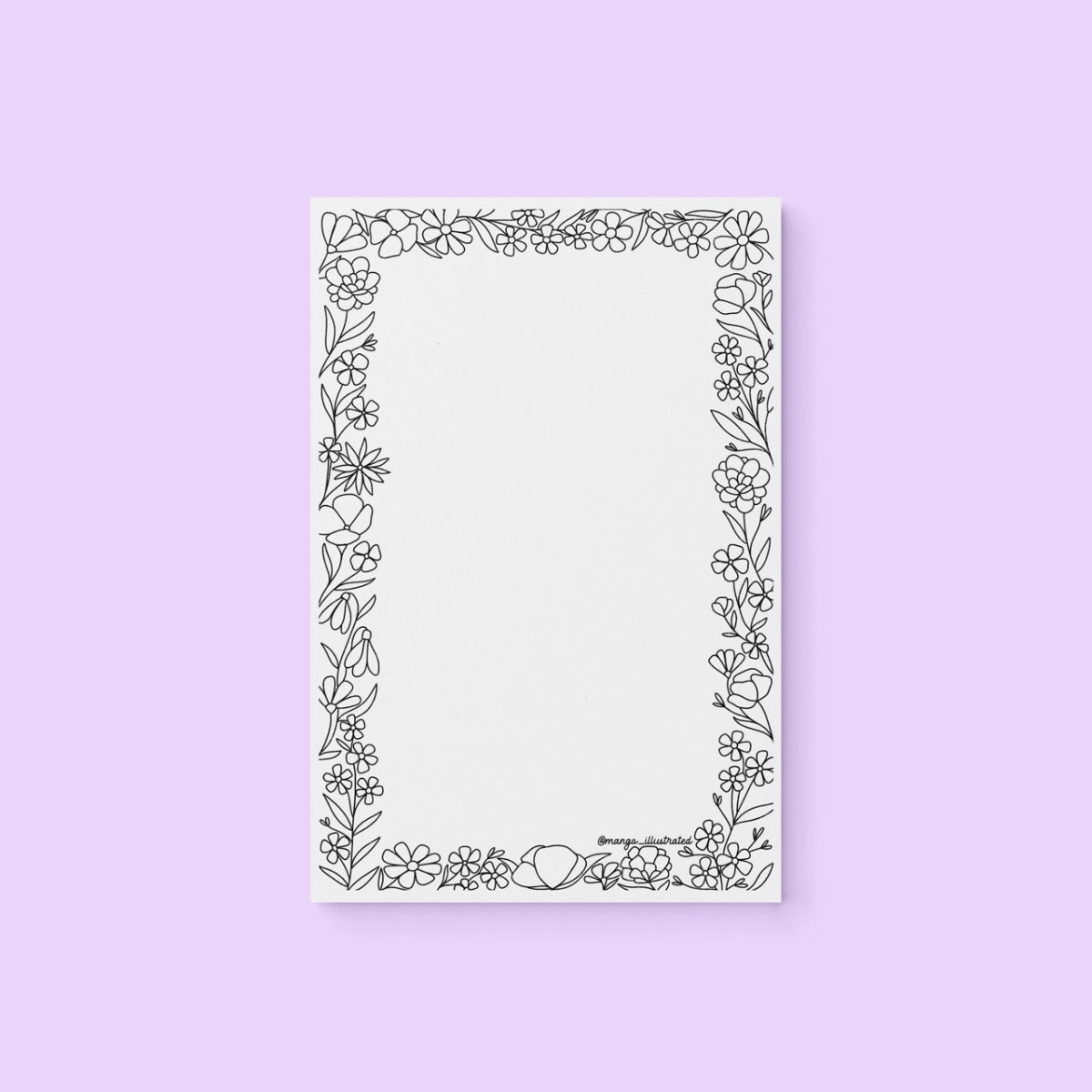 Floral doodles color-in notepad — hand drawn wildflower and leafy stem doodle border, 8.5 x 5.5 inches, by MangoIllustrated