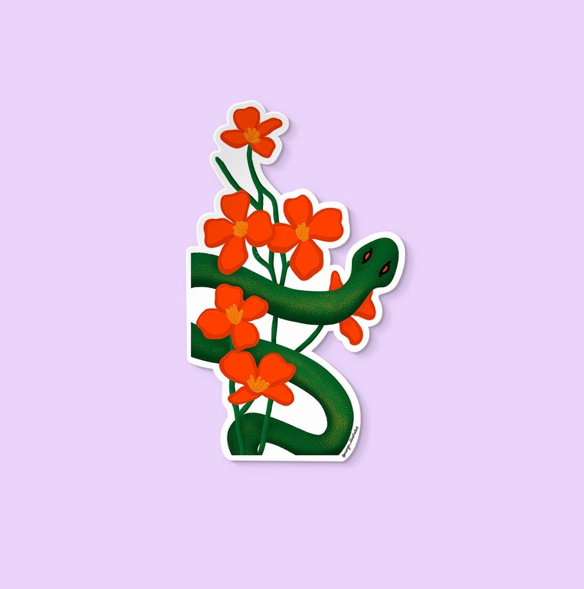 Floral snake sticker — hand drawn green snake coiled through red poppies on waterproof vinyl, by MangoIllustrated