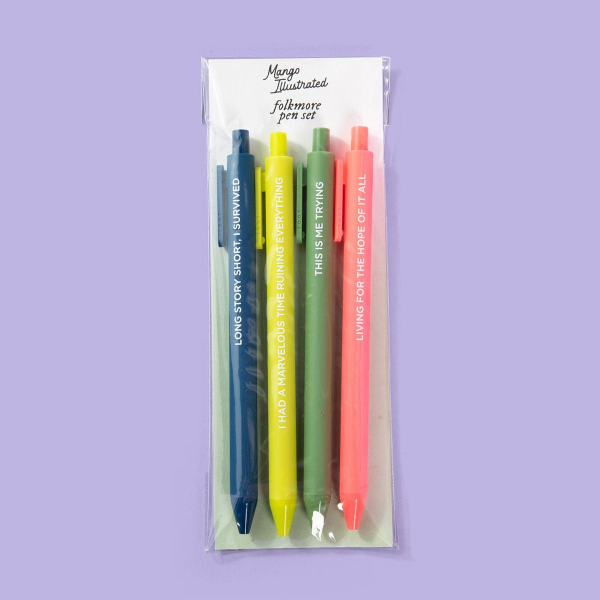 Folkmore Pen Set flat lay — muted folk-toned jotter gel pen set by indie artist MangoIllustrated