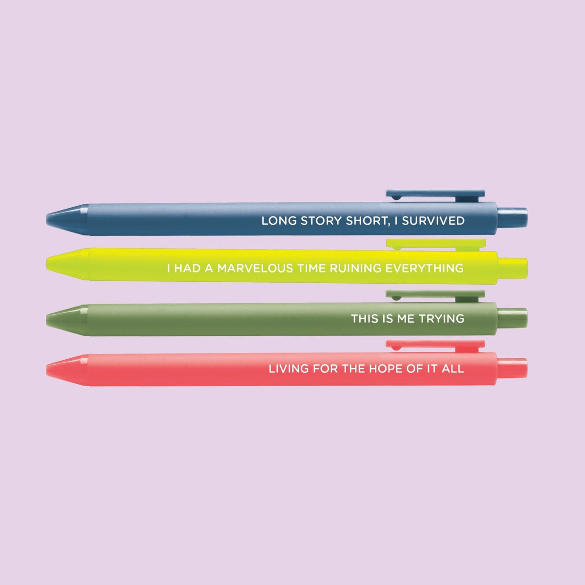 Folkmore Pen Set detail — citron and olive jotter pens with black gel ink by indie artist MangoIllustrated