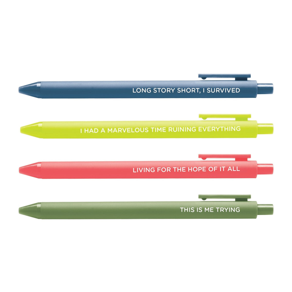 Folkmore Pen Set — 4 jotter gel pens in neon coral, navy, citron and olive with indie folk phrases, 0.5mm fine point, by MangoIllustrated