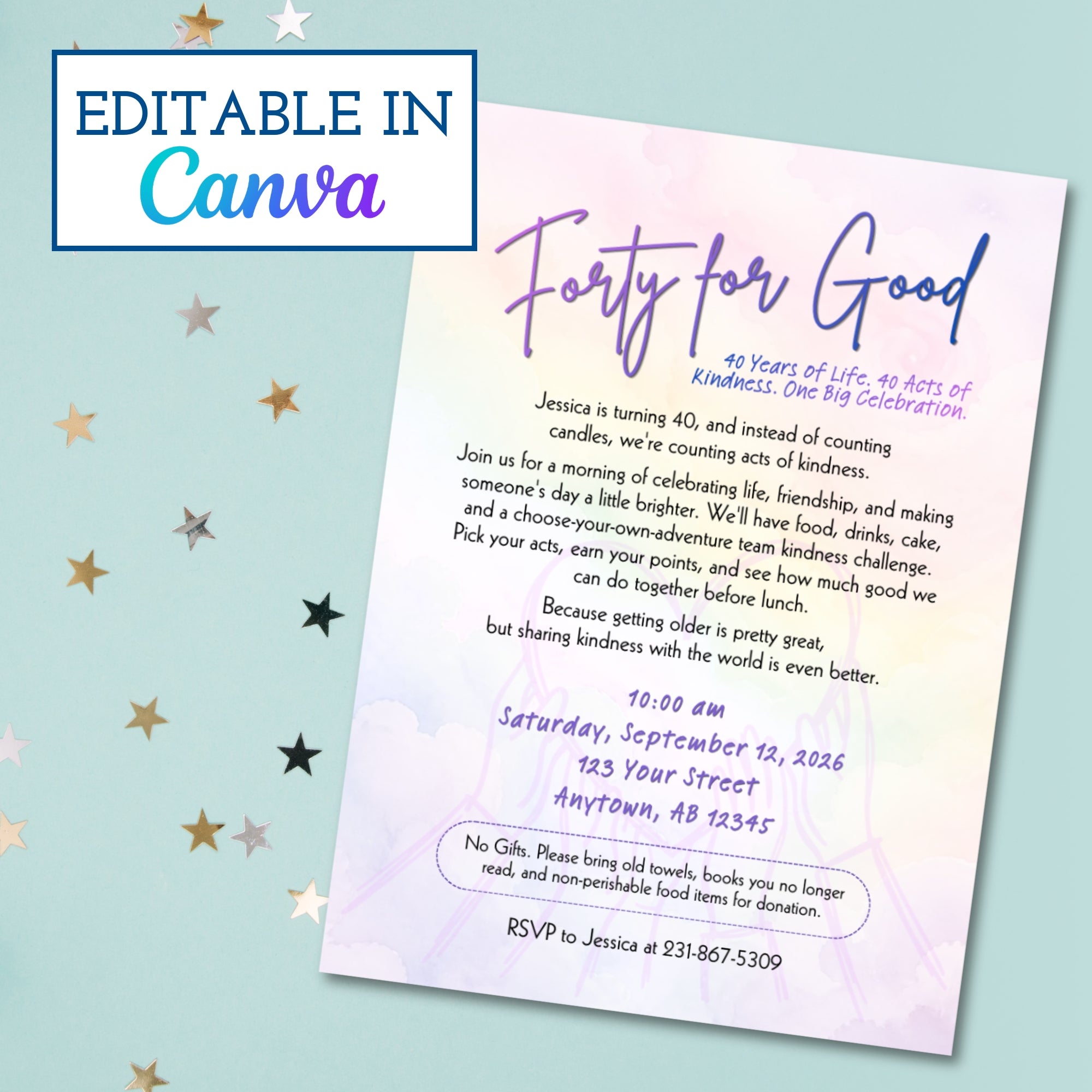 40th-birthday-kindness-party-kit-printable-invite-team-challenge-canva-template-milestone-birthday-activity