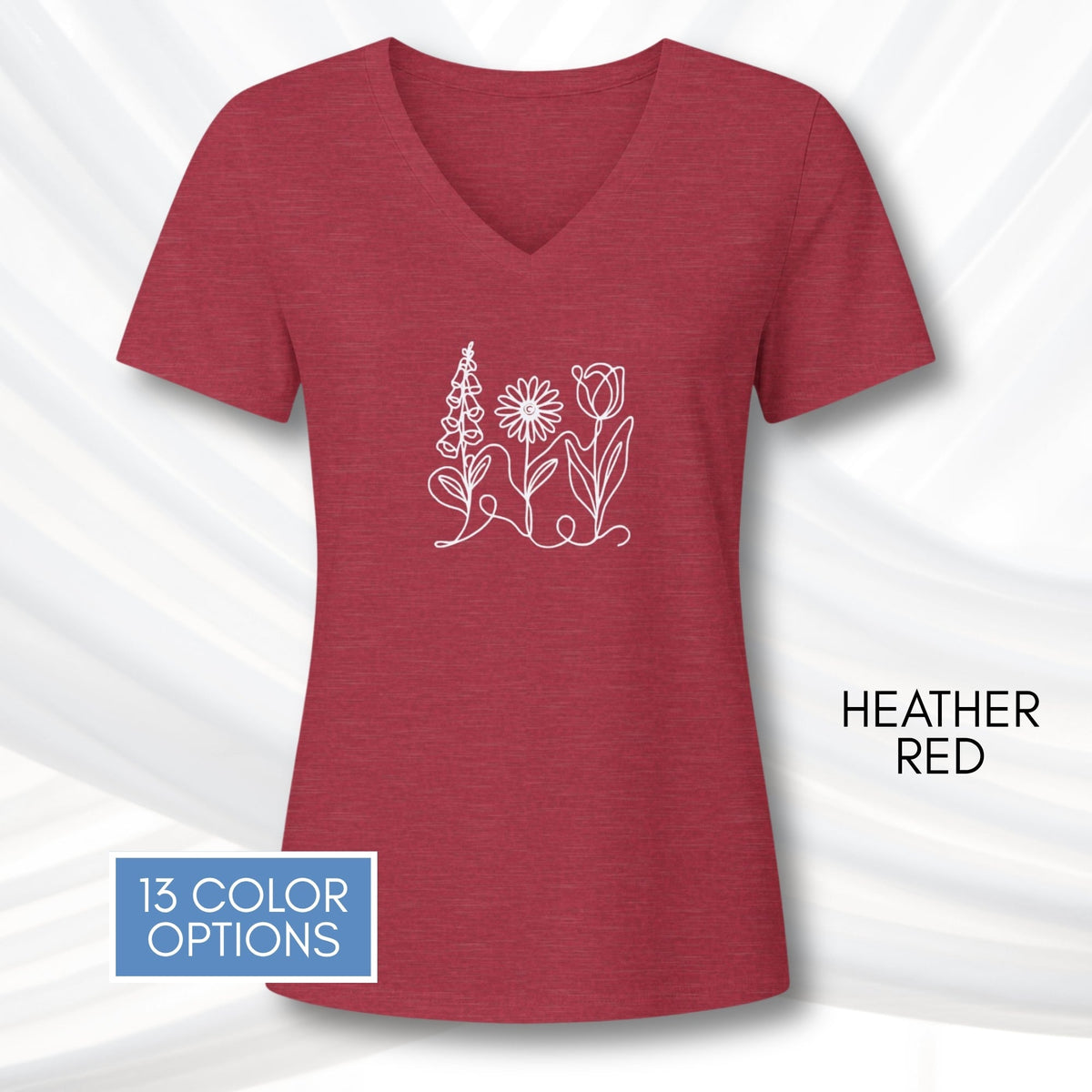 foxglove-daisy-tulip-ladies-bella-canvas-vneck-tshirt-womens-fit-subtle-fdt-flowers-tee-heather-red