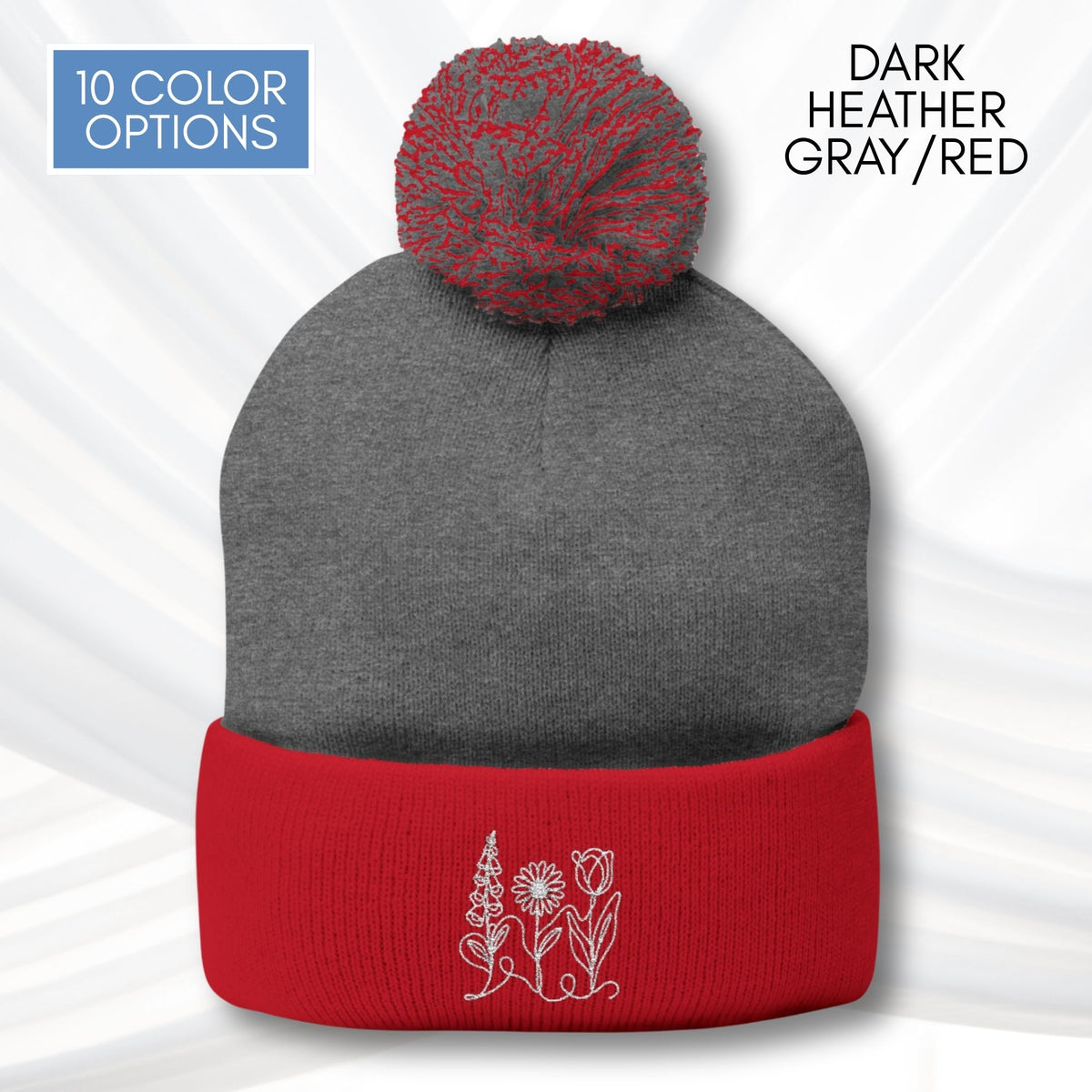 foxglove-daisy-tulip-pom-pom-knit-cap-embroidered-subtle-fdt-flowers-winter-hat-beanie-dark-heather-gray-red