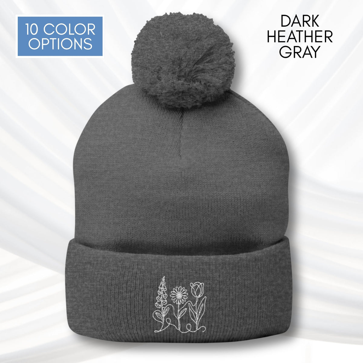 foxglove-daisy-tulip-pom-pom-knit-cap-embroidered-subtle-fdt-flowers-winter-hat-beanie-dark-heather-gray