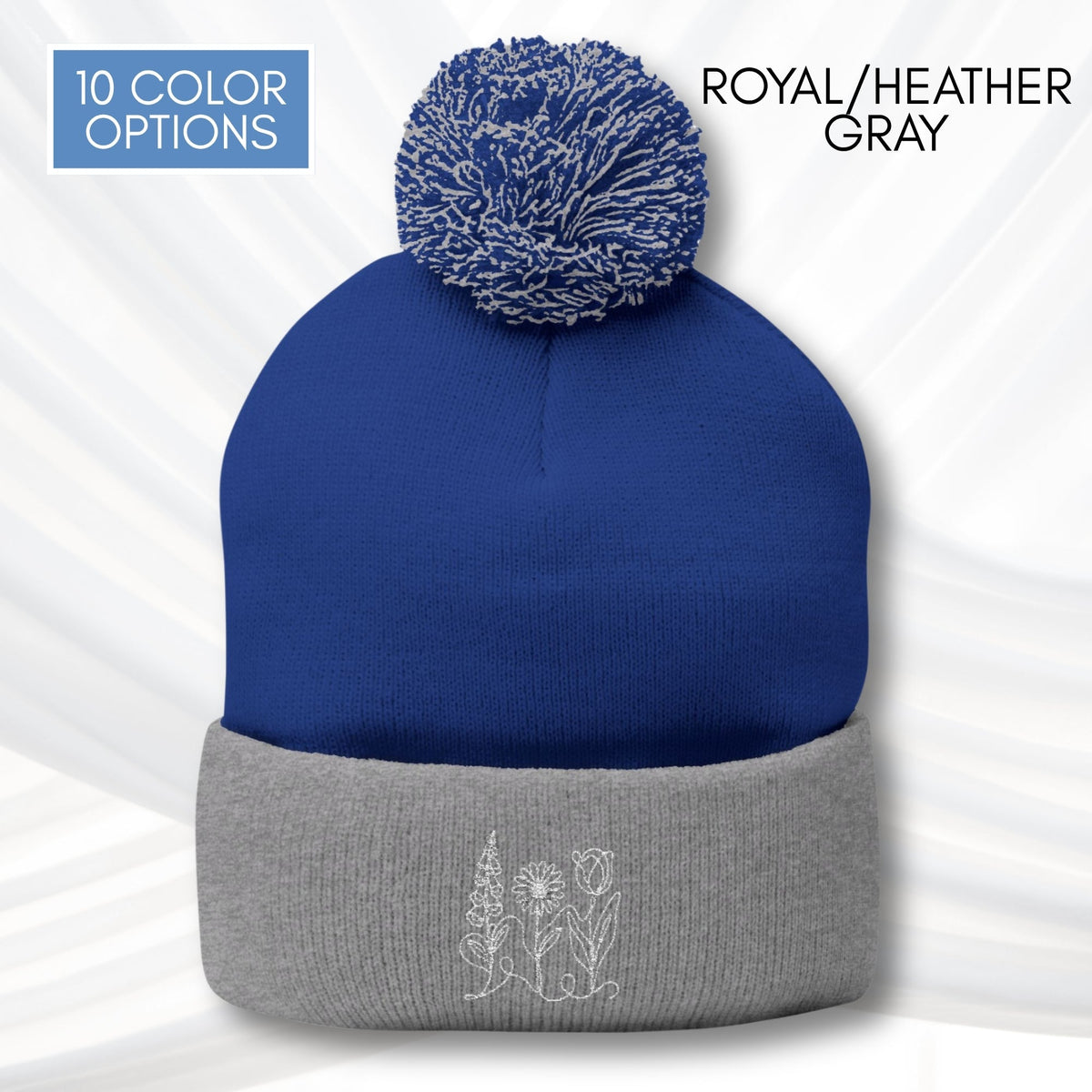 foxglove-daisy-tulip-pom-pom-knit-cap-embroidered-subtle-fdt-flowers-winter-hat-beanie-royal-heather-gray