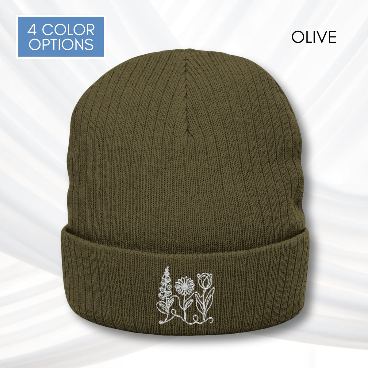 foxglove-daisy-tulip-ribbed-knit-beanie-embroidered-subtle-fdt-flowers-winter-hat-olive