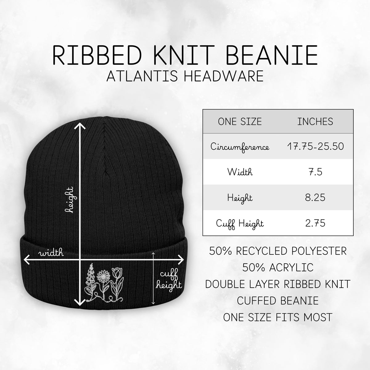 foxglove-daisy-tulip-ribbed-knit-beanie-embroidered-subtle-fdt-flowers-winter-hat-size-chart