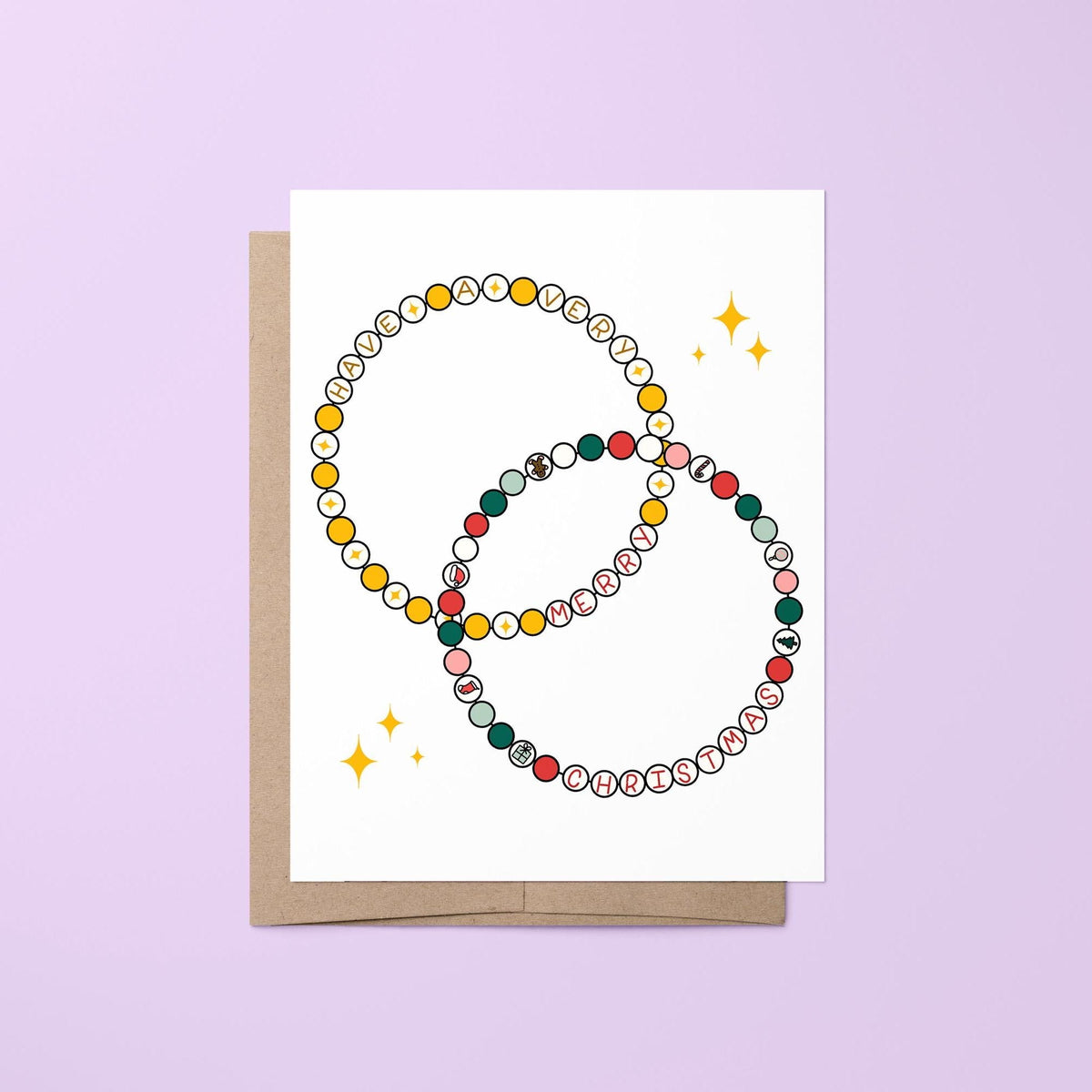 Friendship bracelet Christmas card — two illustrated friendship bracelets in gold and Christmas red and green with hand lettered merry Christmas greeting, 4.25 x 5.5 in folded, by MangoIllustrated