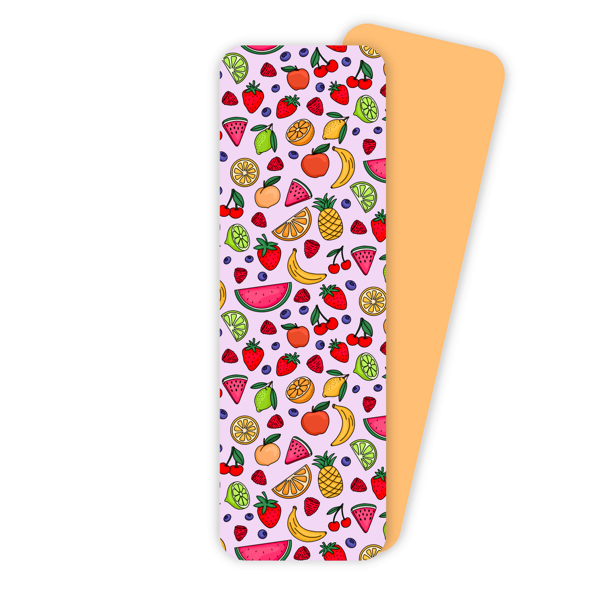 Fruit doodles bookmark flat lay — peach reverse side of a colorful fruit bookmark by indie artist MangoIllustrated