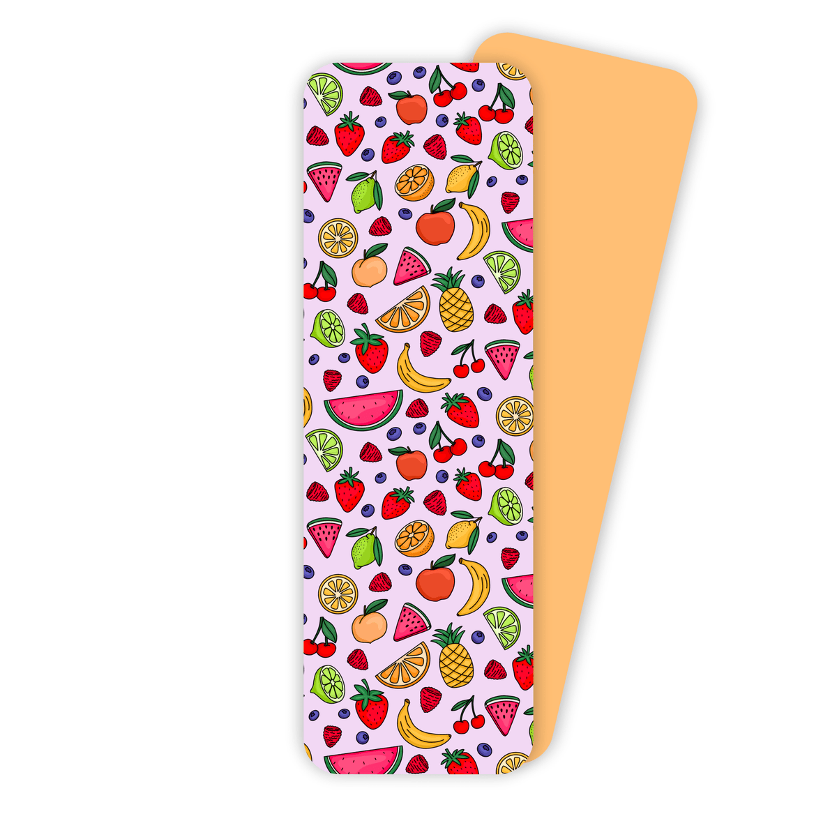 Fruit doodles bookmark — hand drawn strawberries, citrus, and cherries on soft lilac, 2 x 6 in soft touch matte bookmark, by MangoIllustrated