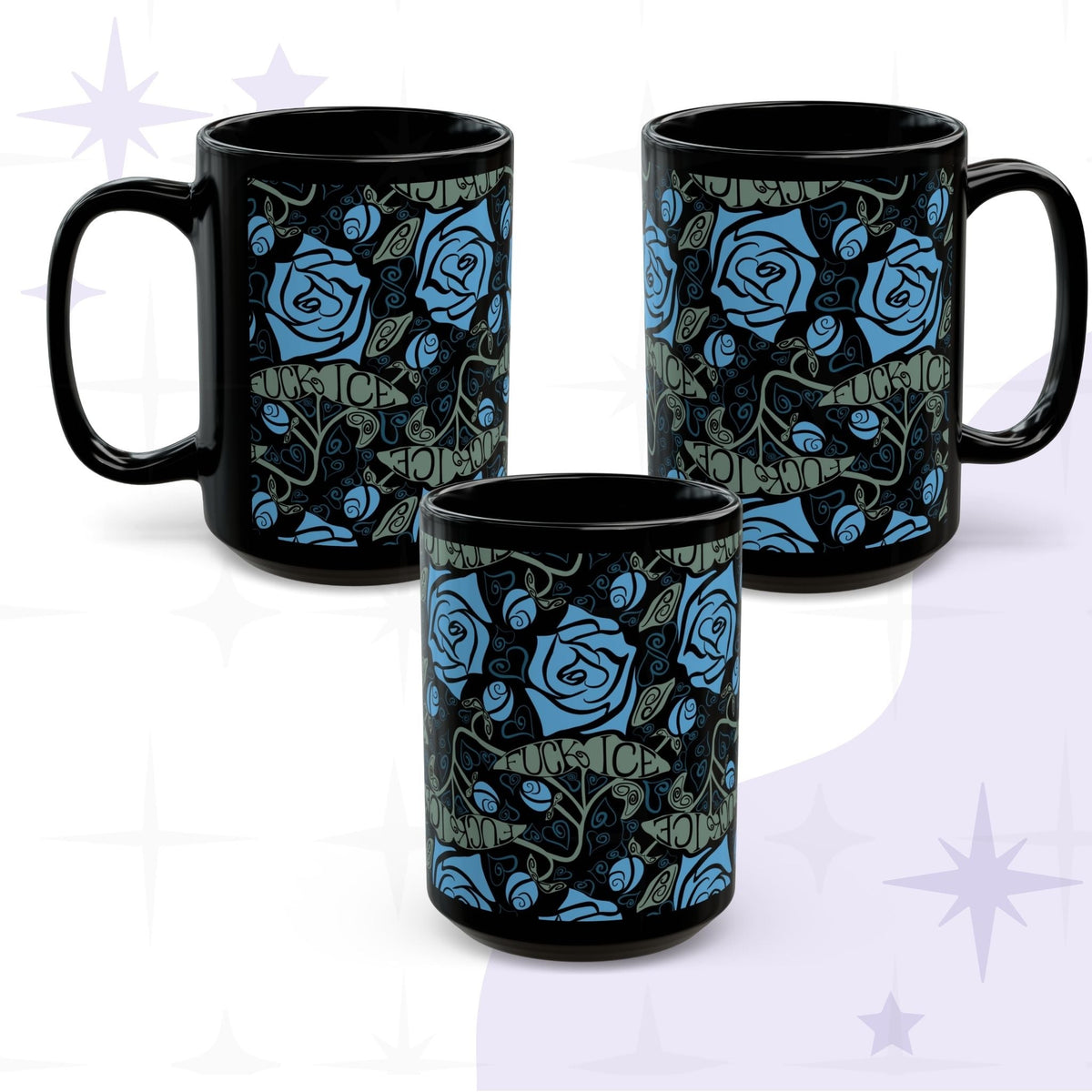 Three dark floral hidden message mugs grouped together showing full wrap-around cornflower blue rose and sage green leaf pattern with Fuck ICE hand lettering on glossy black ceramic