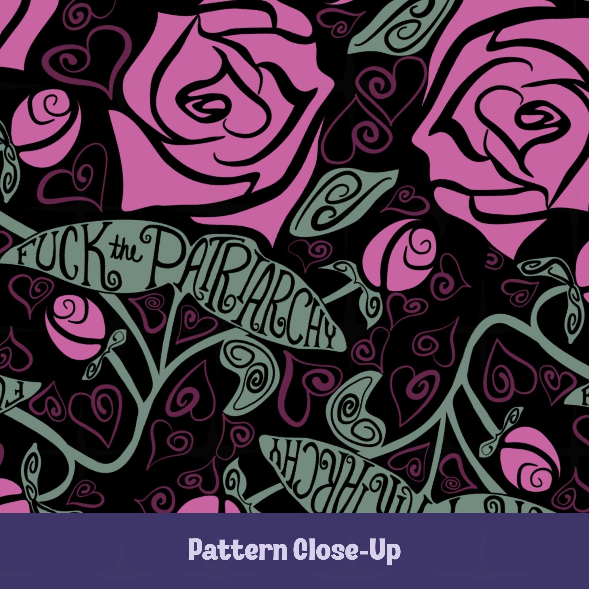Close-up of dark floral wrap-print mug design — large fuchsia roses with Art Nouveau foliage and hand-lettered Fuck the Patriarchy in calligraphic ribbon banners on black background