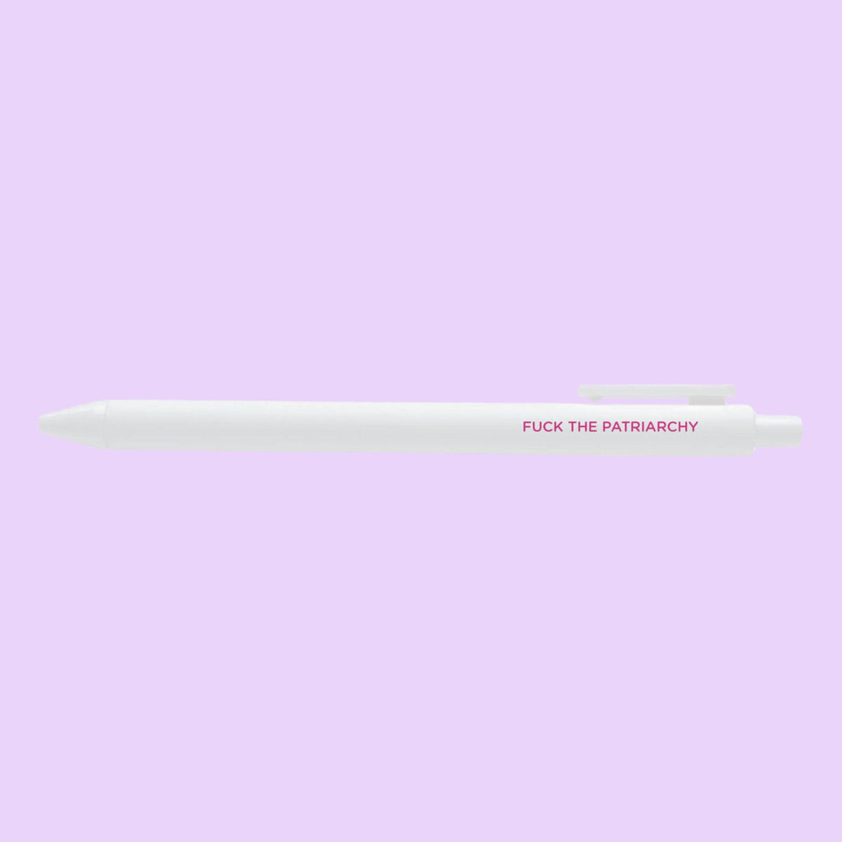 Fuck the patriarchy pen flat lay — white and pink feminist gel pen with black ink by indie artist MangoIllustrated