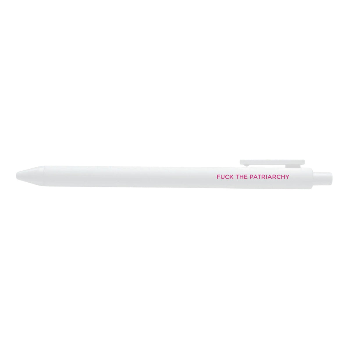 Fuck the patriarchy pen — white barrel gel pen with the phrase in pink lettering, 0.5mm fine point, by MangoIllustrated
