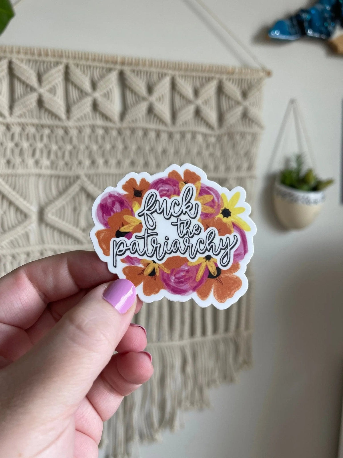 Fuck The Patriarchy Sticker — chalk script on watercolor florals feminist vinyl sticker by MangoIllustrated