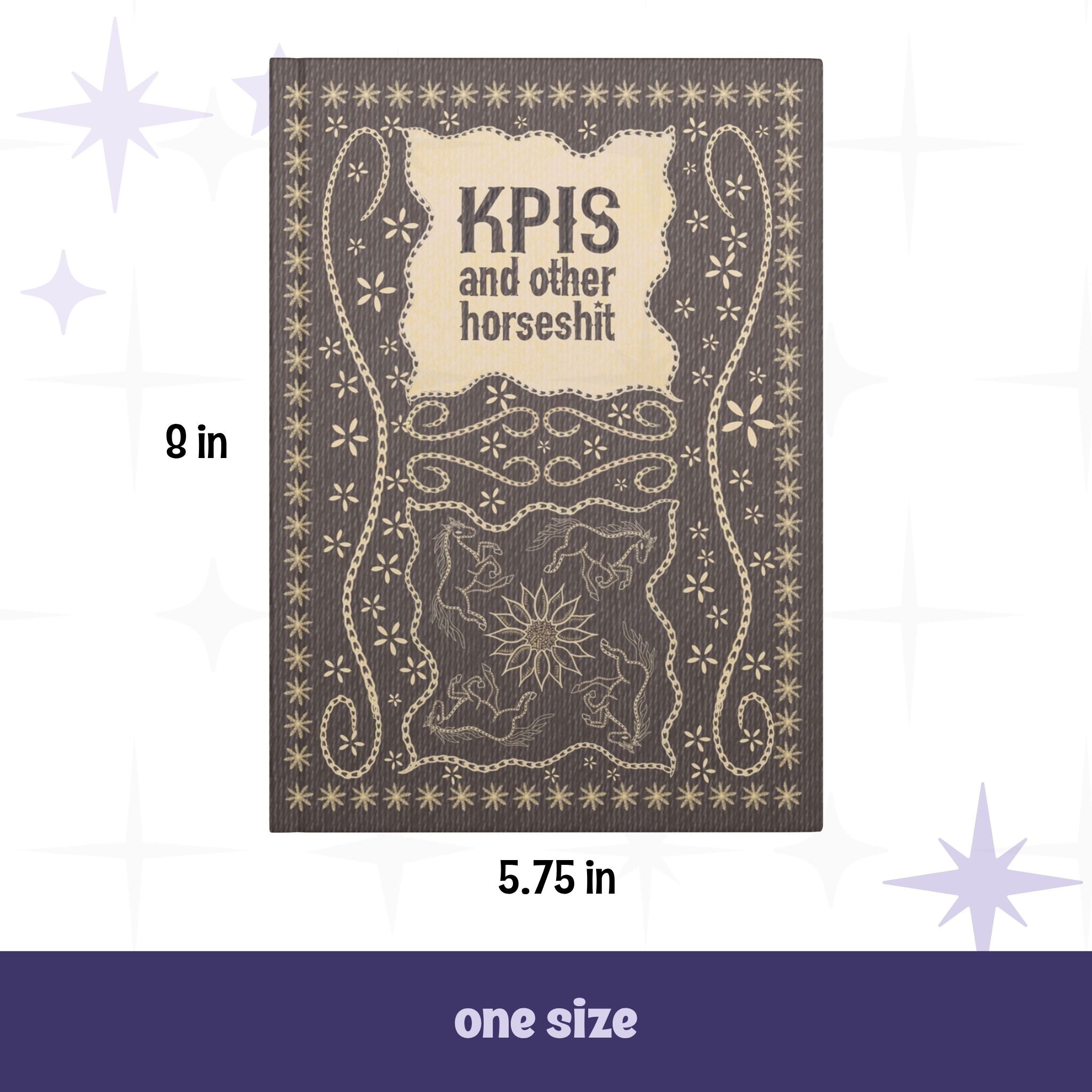 KPI profanity journal front cover with dimensions labeled 5.75 inches wide by 8 inches tall, one size