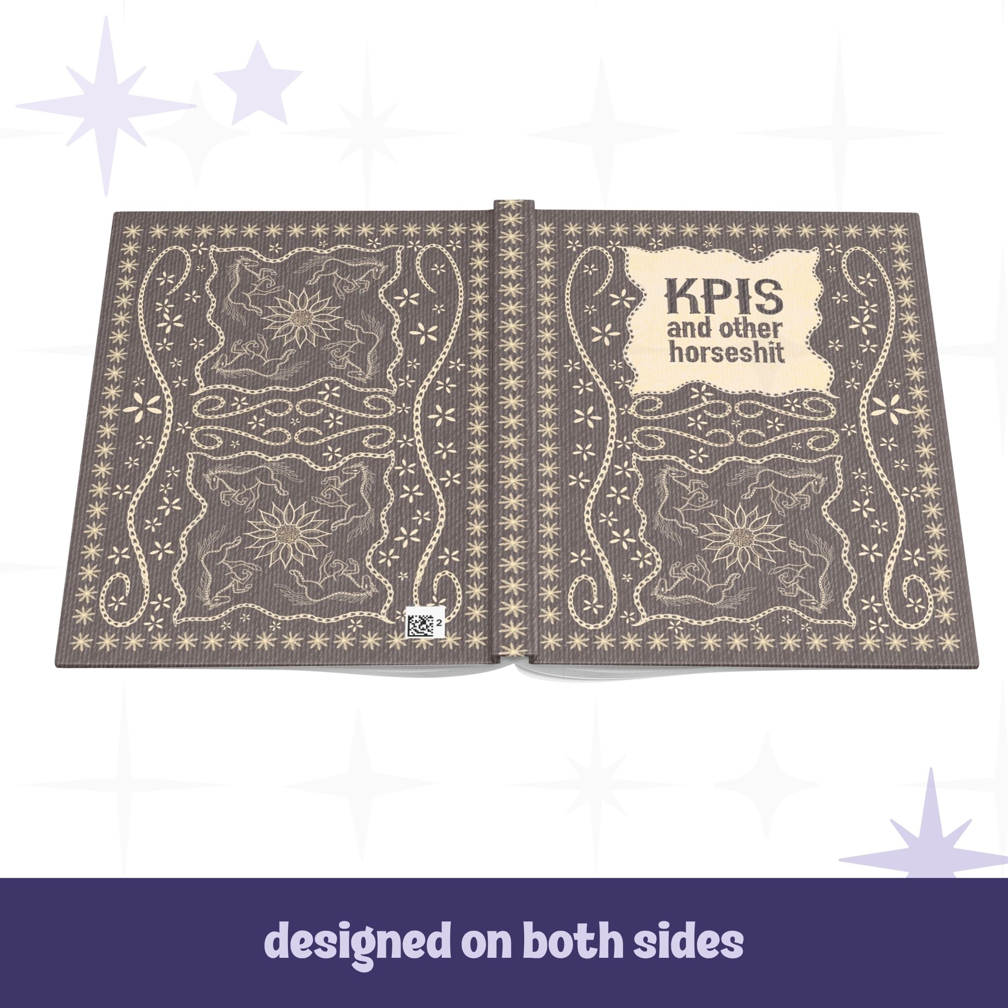 Funny KPI profanity journal open flat showing front and back covers with matching vintage equestrian embroidered horse and sunburst design, designed on both sides
