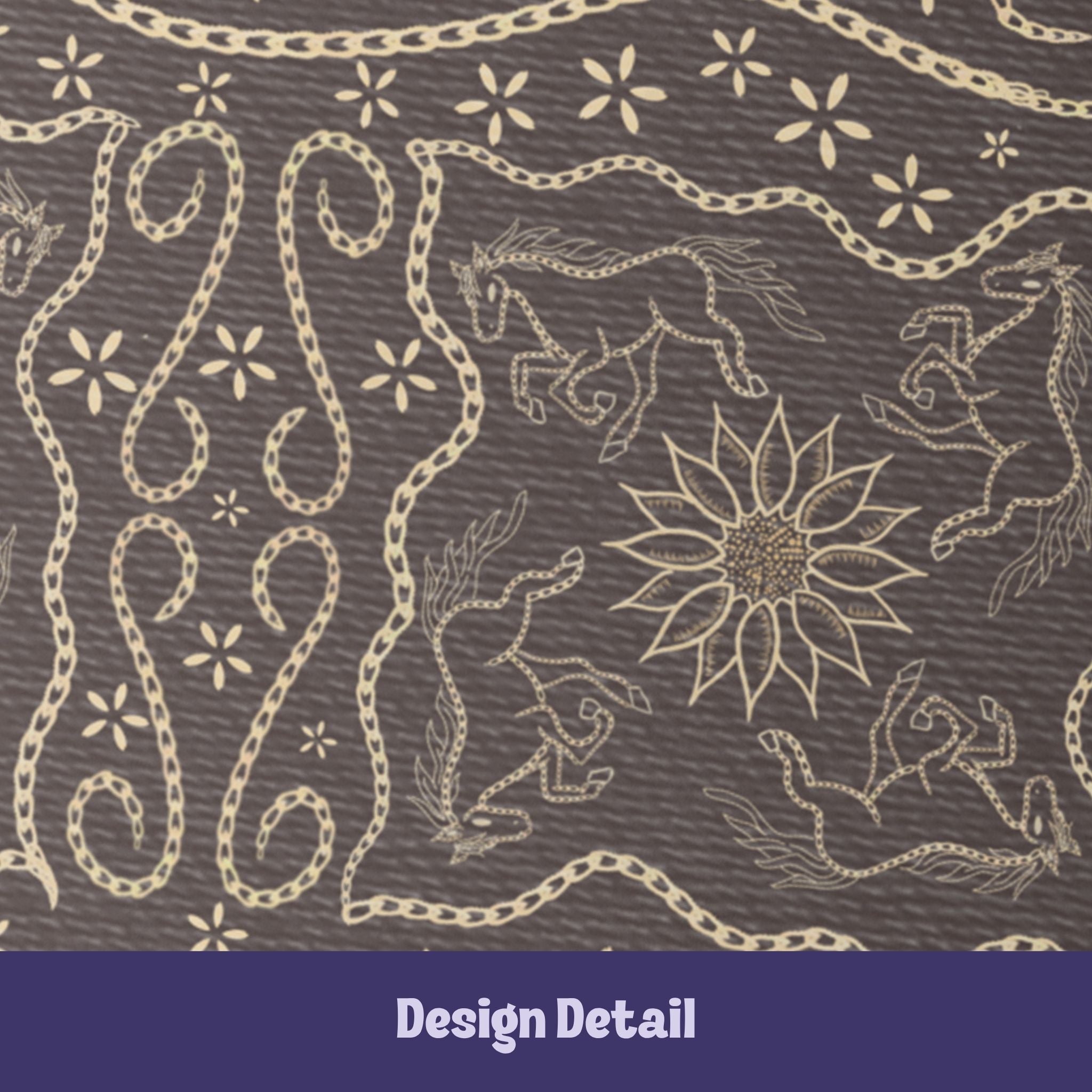 Close-up detail of vintage equestrian embroidered design showing galloping horses, sunburst medallion, and scrolling chain flourishes in cream on dark brown