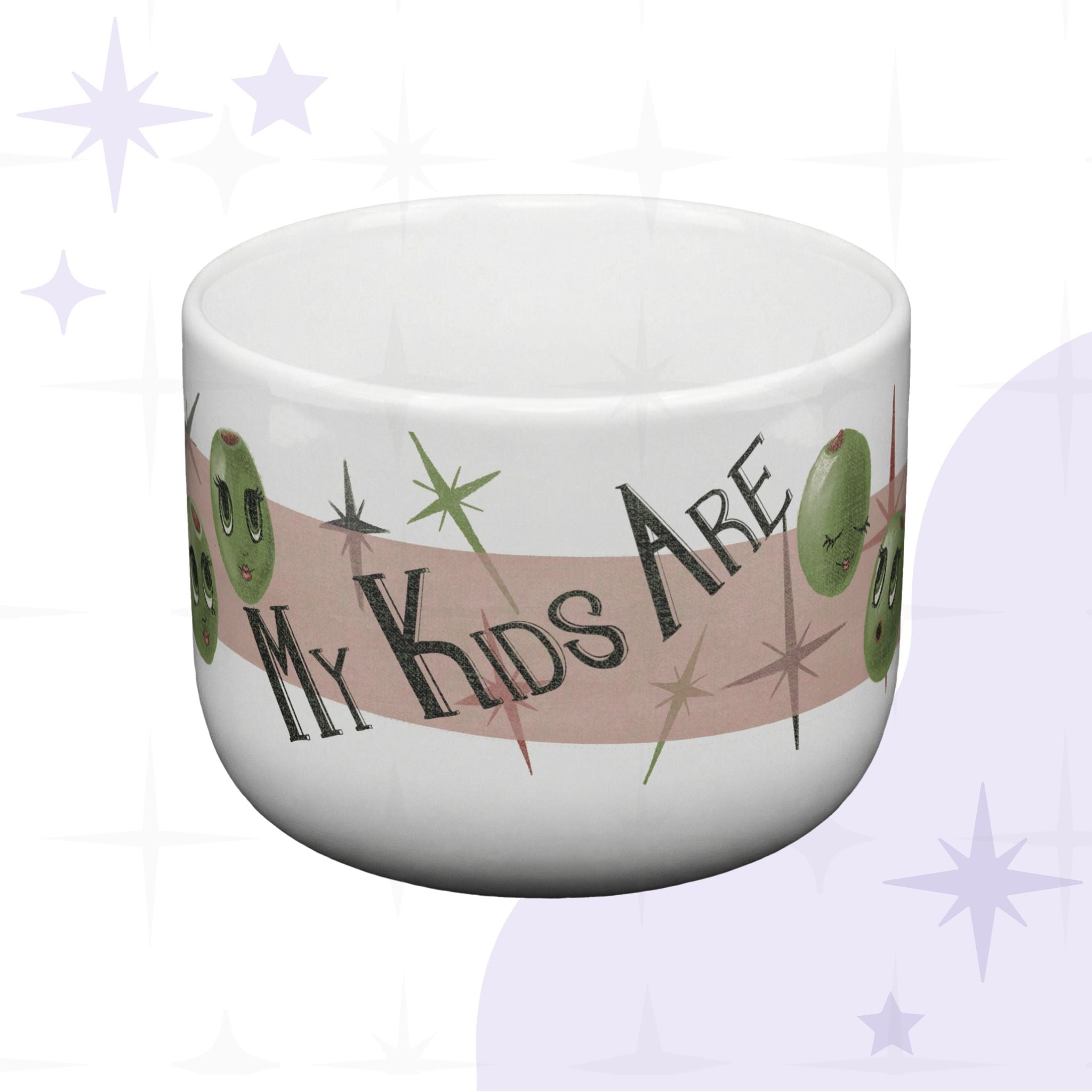 Back view of 25oz white ceramic funny mom mug showing My Kids Are retro hand-lettered text on blush banner with illustrated olive characters and mid-century starburst details