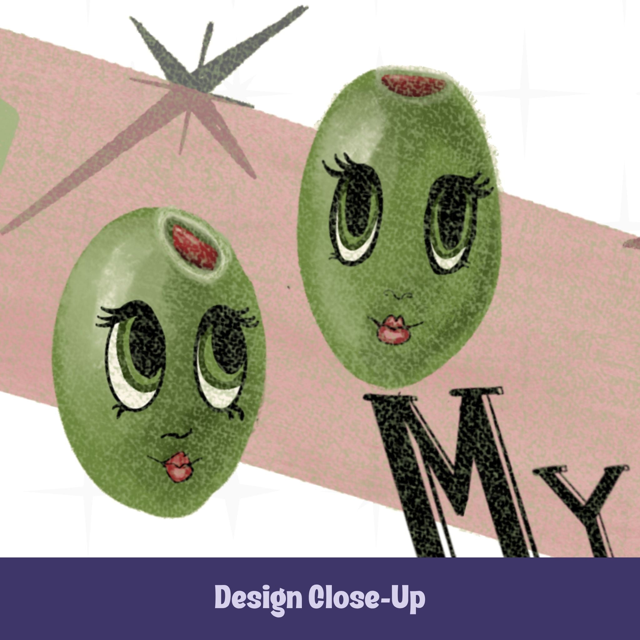 Close-up of retro olive pun mug design showing two anthropomorphized green olives with kewpie-style faces and lashes, blush pink banner, and hand-lettered text reading My Kids Are Weird