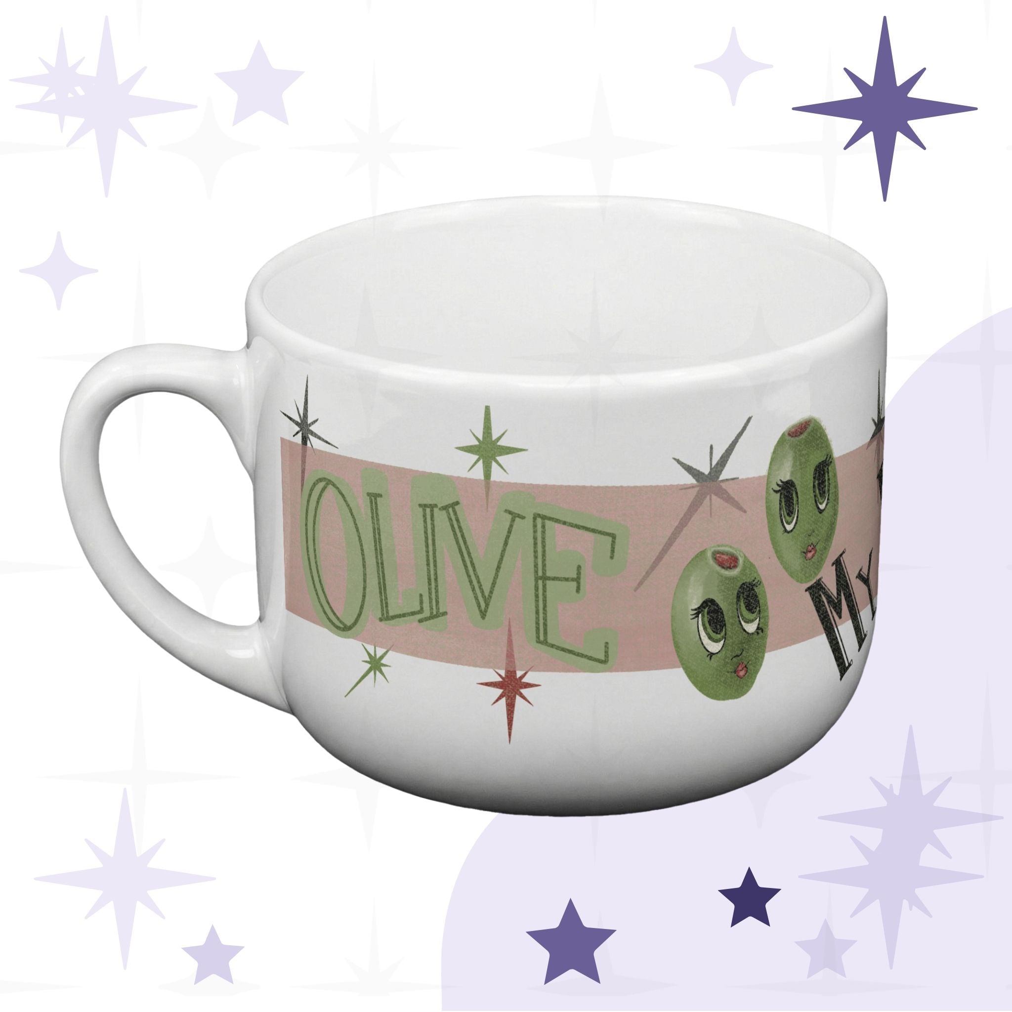 Funny mom latte mug with retro olive pun design reading Olive My Kids Are Weird, 25oz white ceramic with mid-century starburst motifs and anthropomorphized olive characters, handle facing left on white background