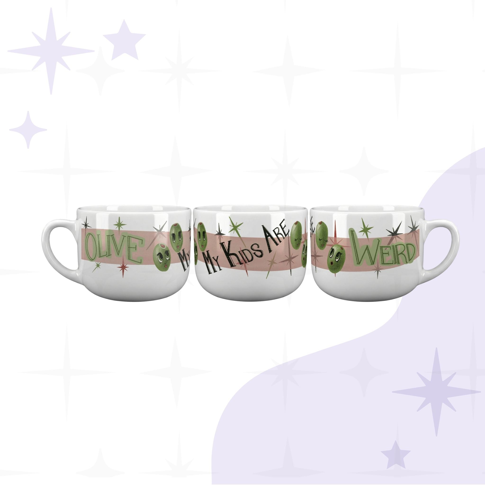 Three-view 360 wraparound display of funny mom latte mug showing full Olive My Kids Are Weird design across ceramic surface with atomic starburst motifs and retro block lettering