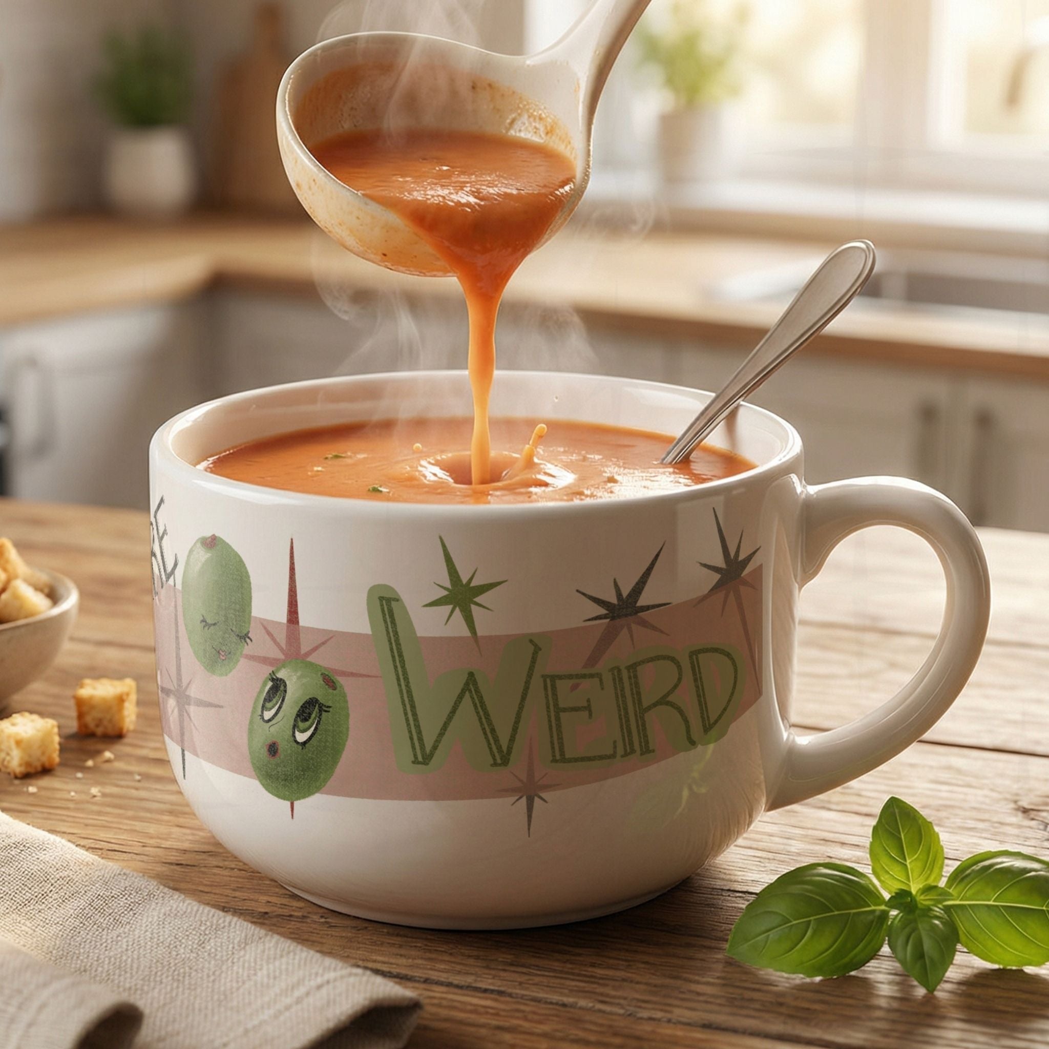 Oversized 25oz retro latte mug being filled with steaming tomato soup in kitchen setting, Weird olive pun design visible on white ceramic surface with mid-century starburst motifs