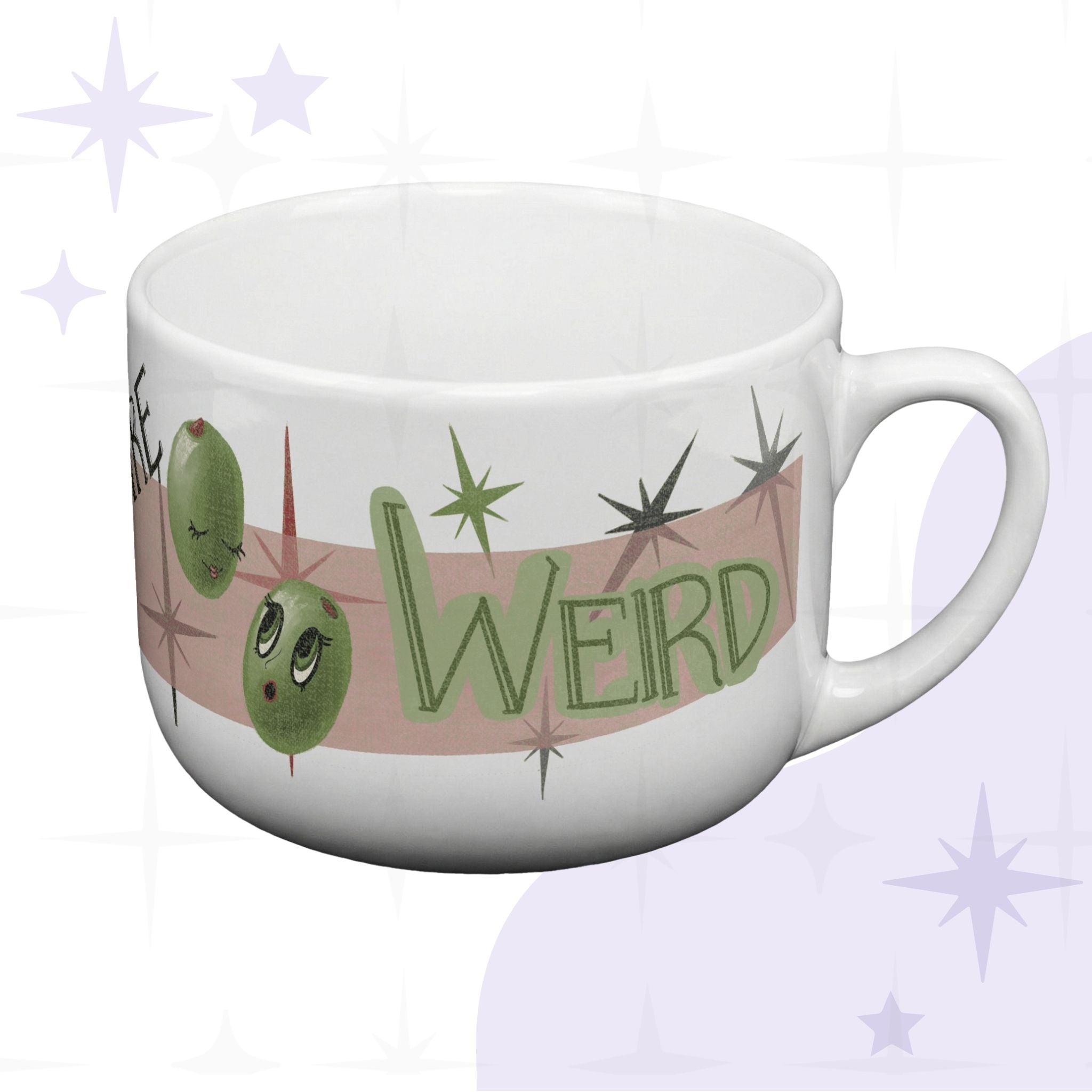 Side view of funny mom ceramic latte mug showing Weird retro block lettering in sage green and illustrated olive characters with expressive faces, handle facing right