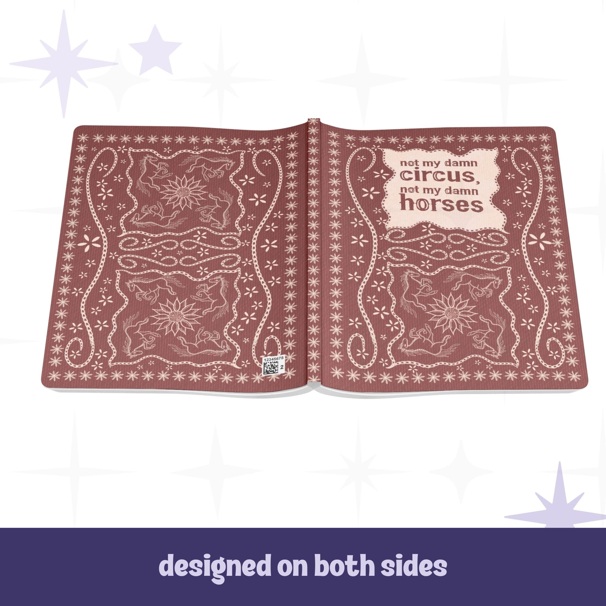 Not my damn circus folk art journal open flat showing full wrap design on front and back covers with stitched horse illustration on burgundy