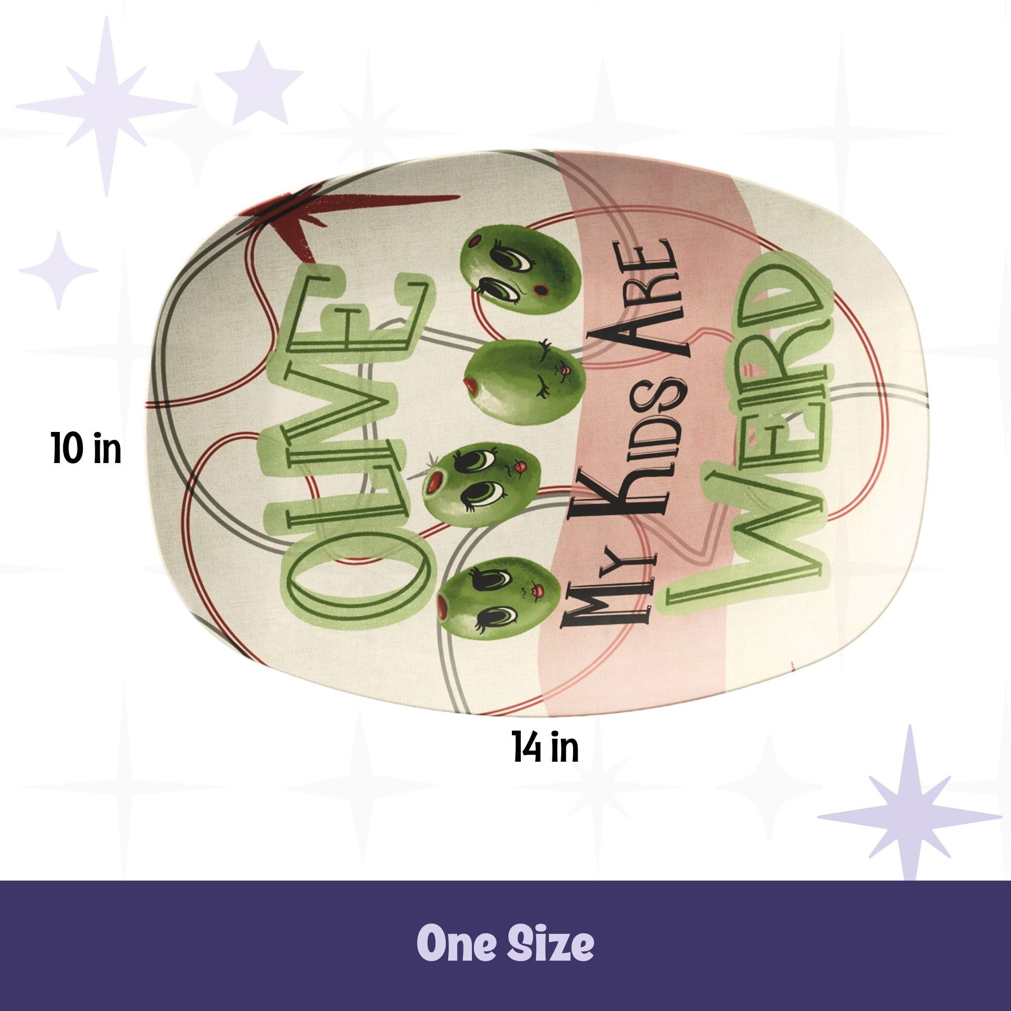 Retro olive serving platter with size callouts showing 10 by 14 inch dimensions, mid-century modern illustration with four cartoon olive faces and hand-lettered Olive My Kids Are Weird typography on cream and blush background