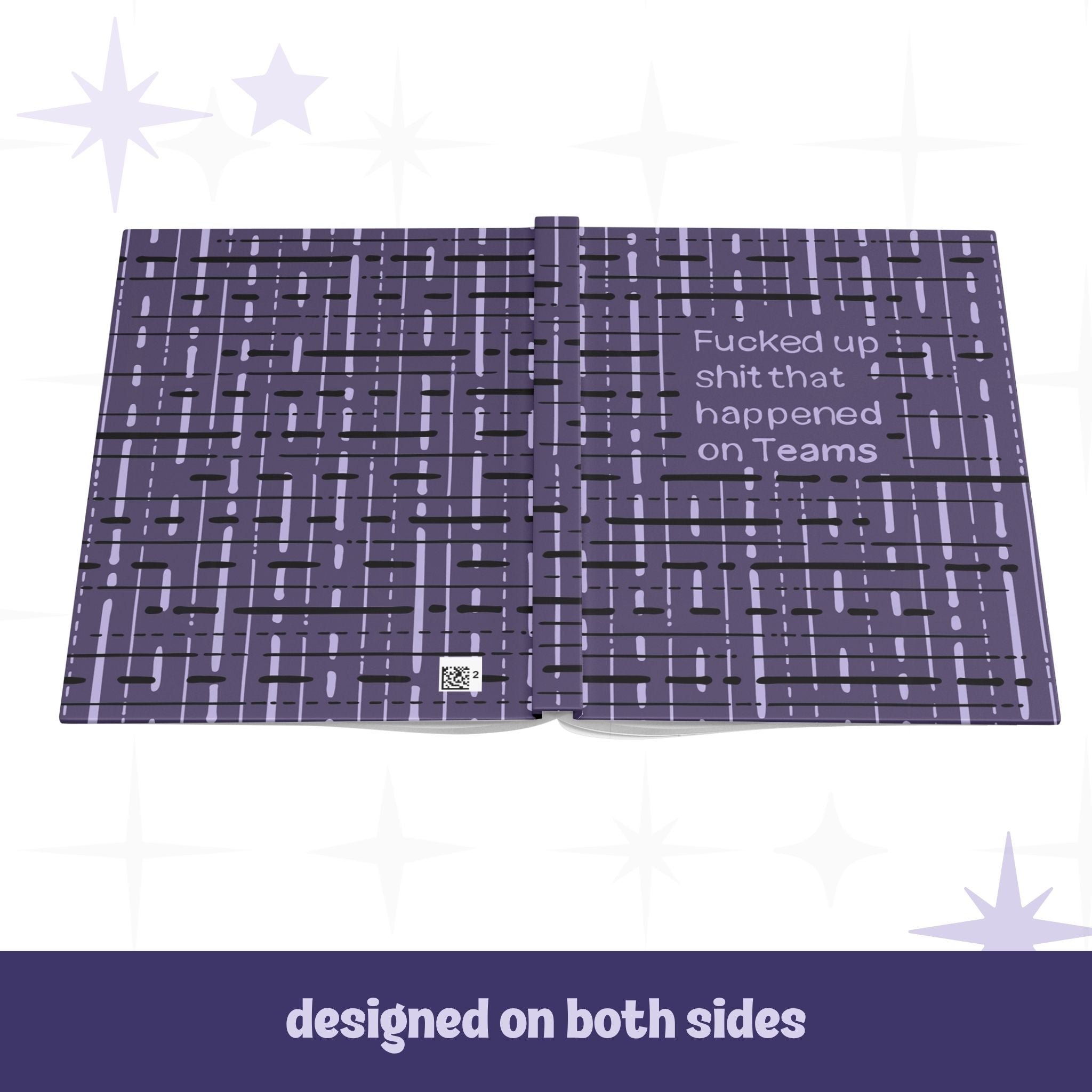 Profanity Teams hardcover journal open flat showing full wrap design on front and back covers with plum and lavender abstract grid pattern