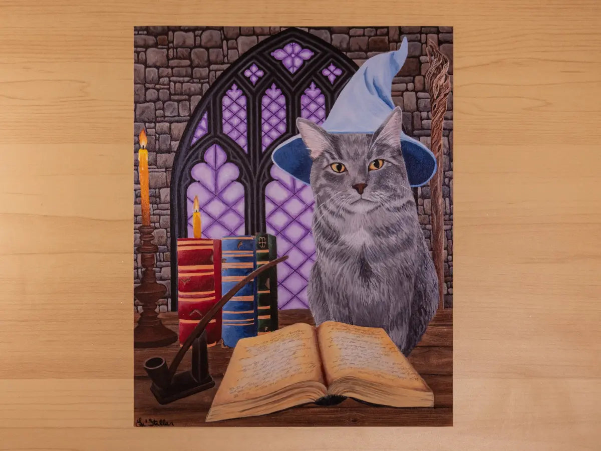 Cat Wizard Artwork, Magical Witchy Kitty Fantasy Decor, Original Hand-Painted Art