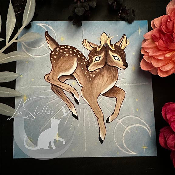 Gemini Twin Deer Print with celestial accents, zodiac series