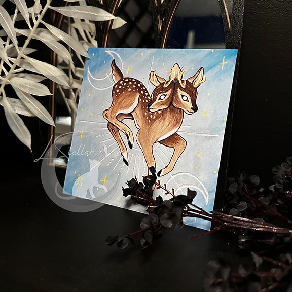 Gemini Twin Deer Print with celestial accents, zodiac series