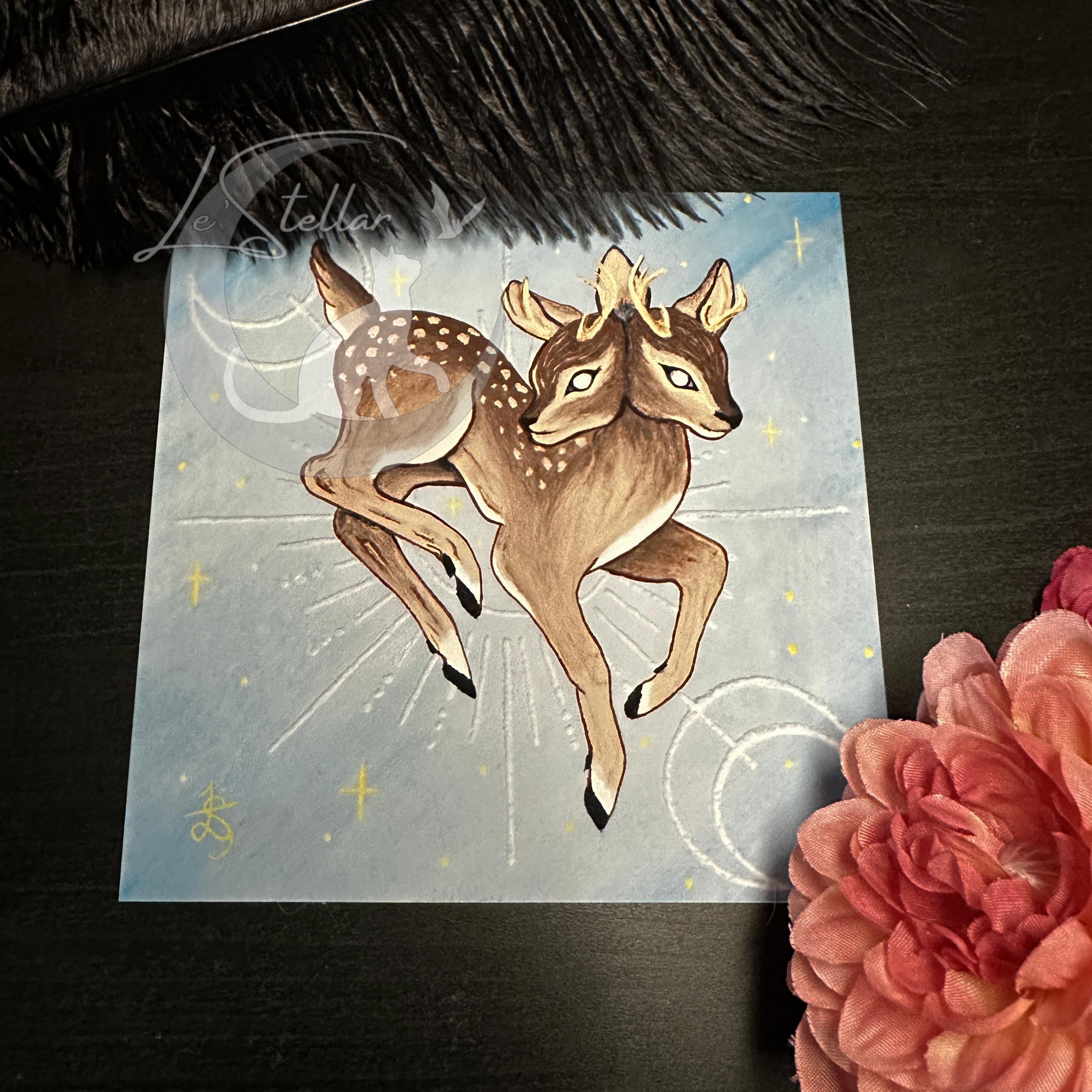 Gemini Twin Deer Print with celestial accents, zodiac series