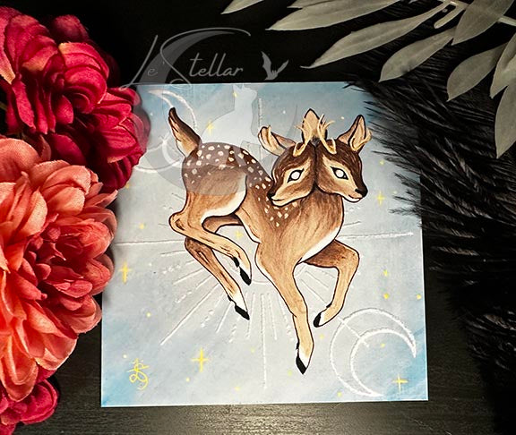 Gemini Twin Deer Print with celestial accents, zodiac series