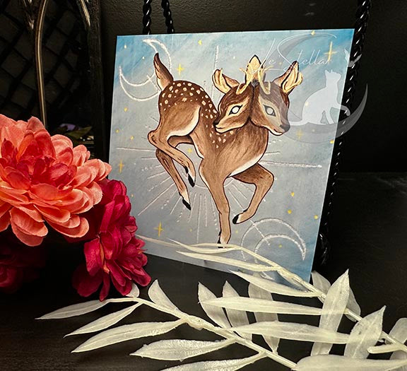 Gemini Twin Deer Print with celestial accents, zodiac series