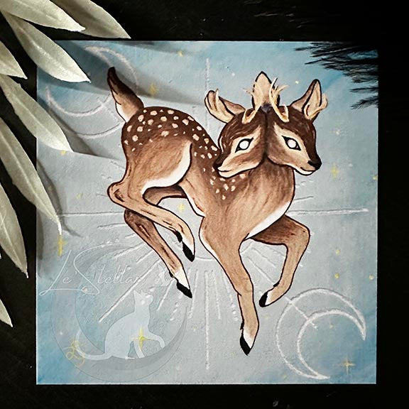 Gemini Twin Deer Print with celestial accents, zodiac series