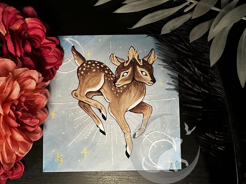 Gemini Twin Deer Print with celestial accents, zodiac series
